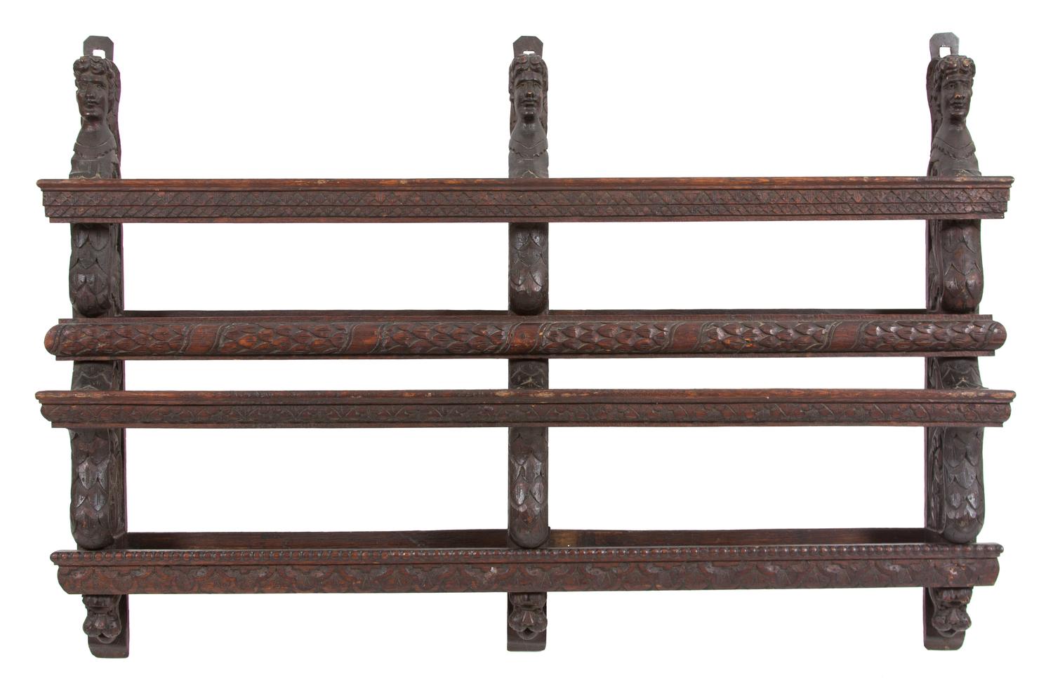 A Continental Carved Oak Plate Shelf Height 26 1/2 x width 39 1/2 x depth 6 inches. — 19TH CENTURY