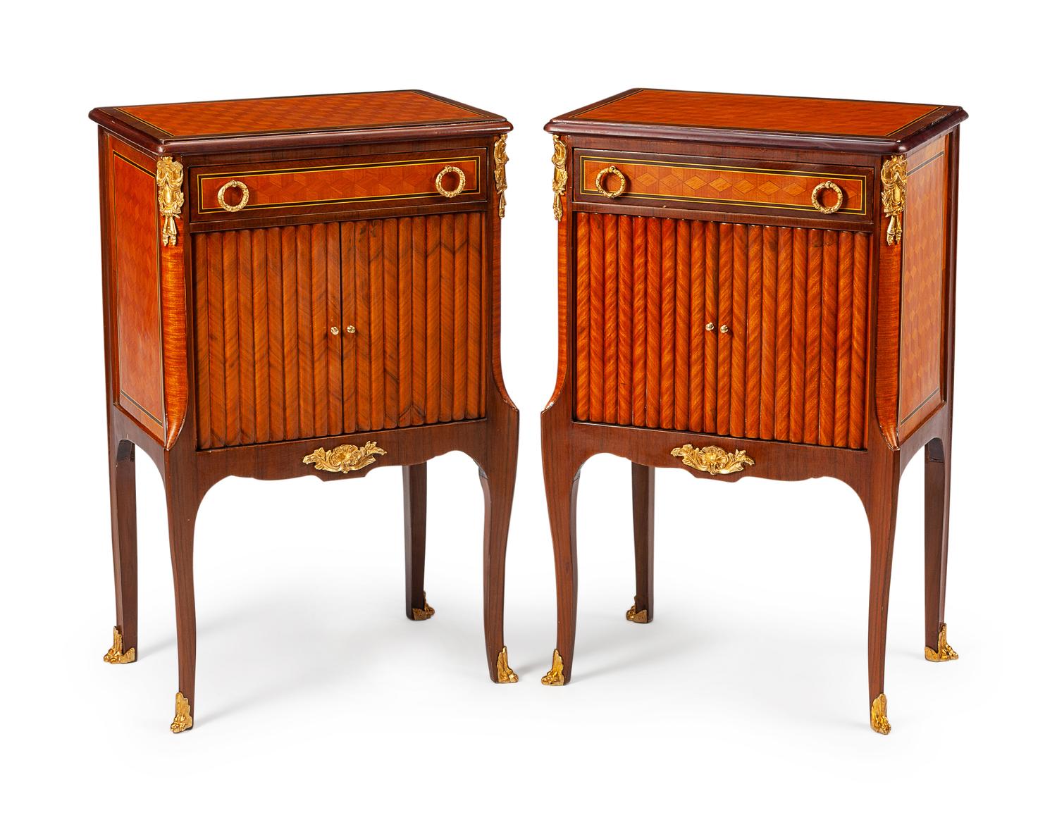 A Pair of French Transitional Style Parquetry Nightstands