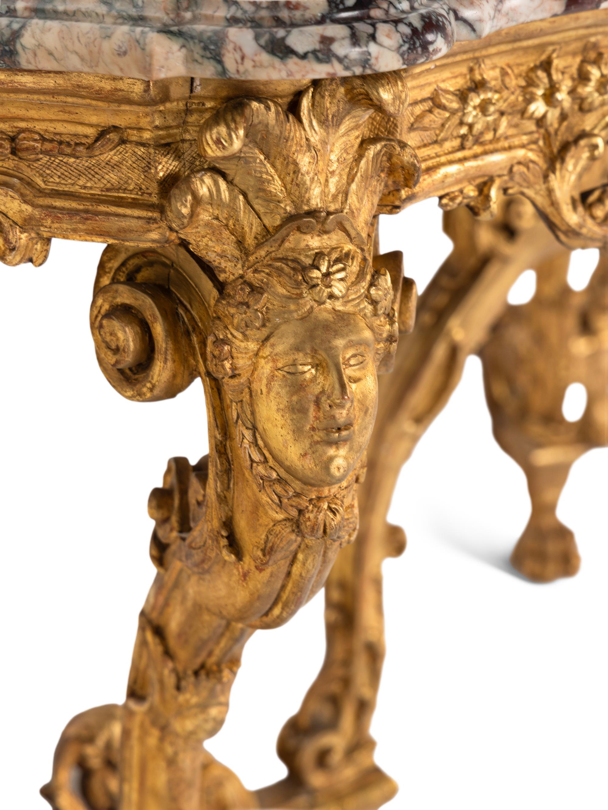 A Pair of Régence Style Giltwood Marble-Top Console Tables