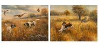 A Dog Chasing a Pheasant and Two Hounds in the Field, with Bob Whites in flight (two works)