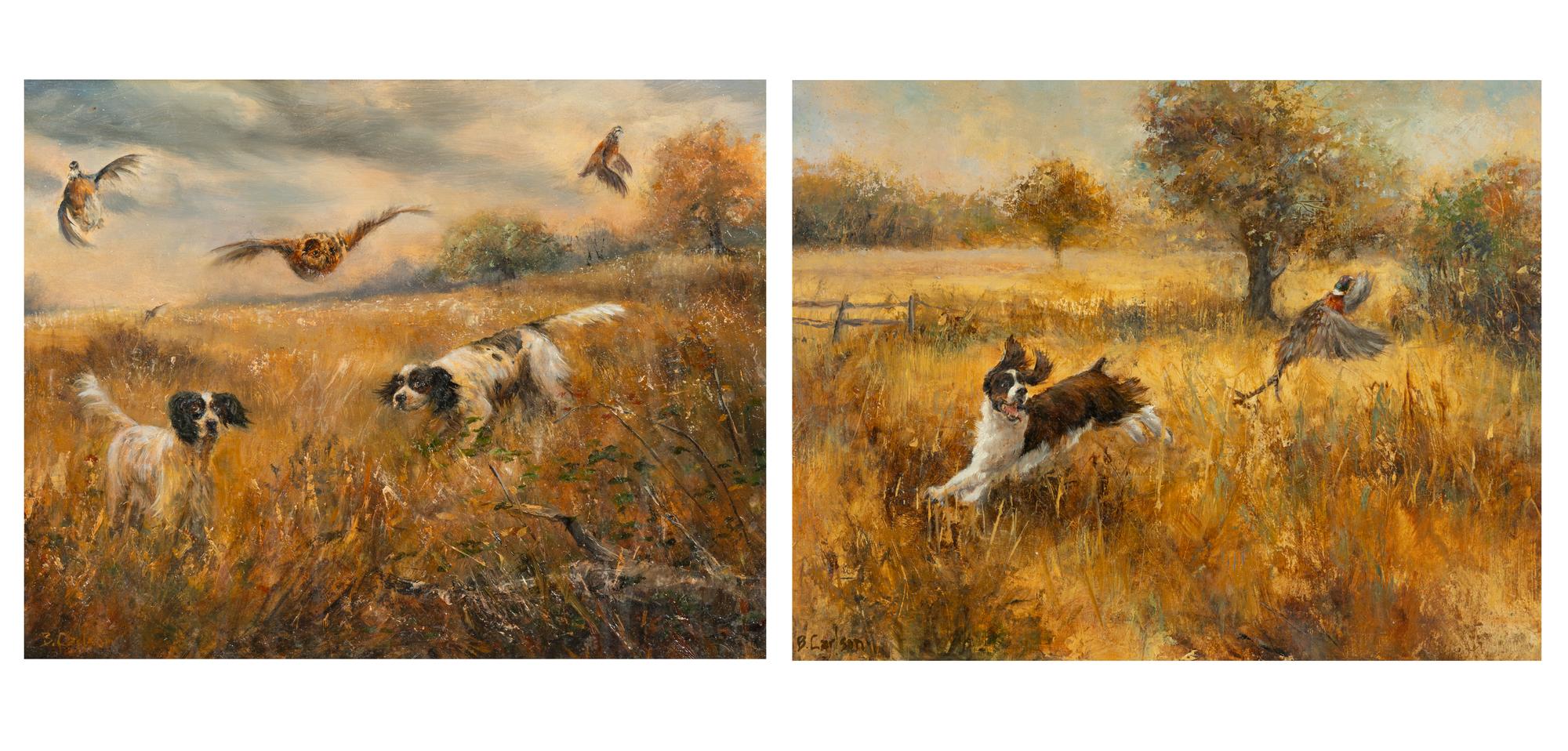 A Dog Chasing a Pheasant and Two Hounds in the Field, with Bob Whites in flight (two works)