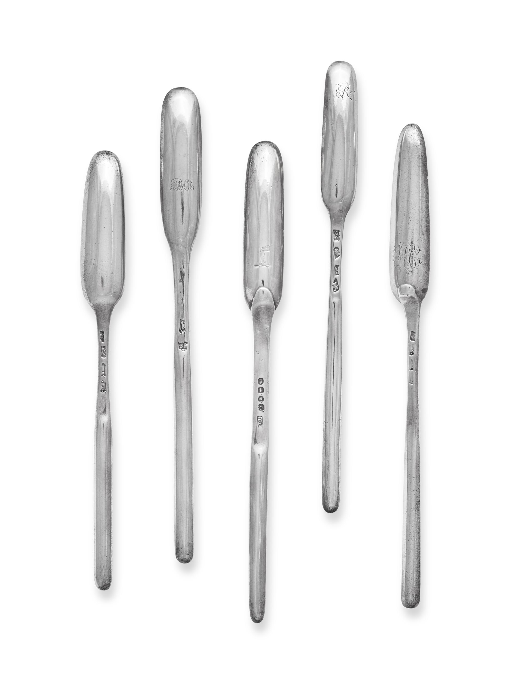 A Group of Five Assorted English Silver Marrow Scoops, circa 1725-1824