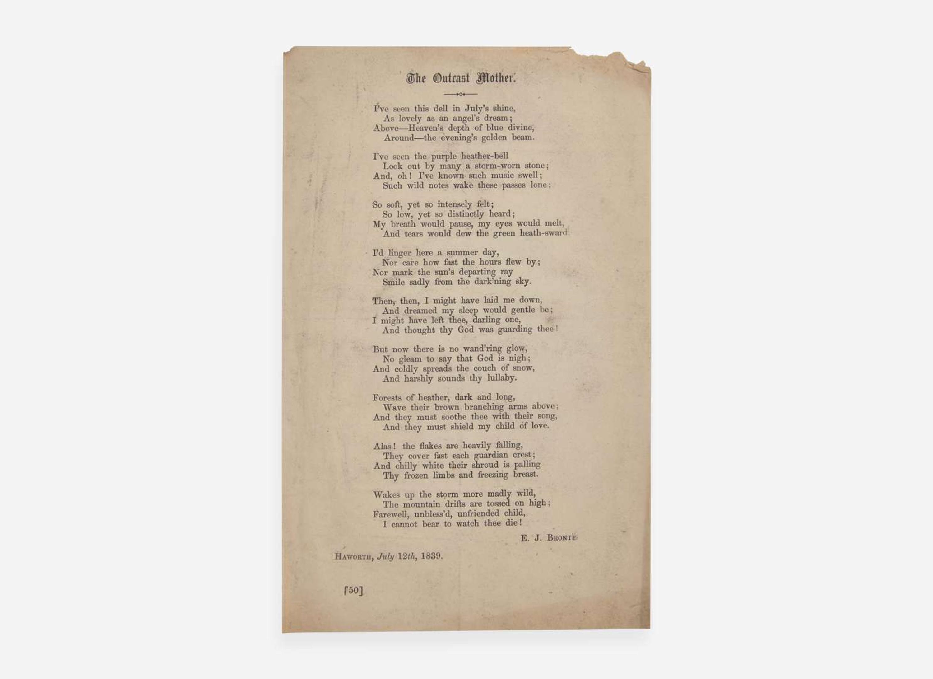 [Literature] Bronte, E(mily). J.: Two Proof Copies of the First Appearance of “The Outcast Mother” from The Cornhill Magazine