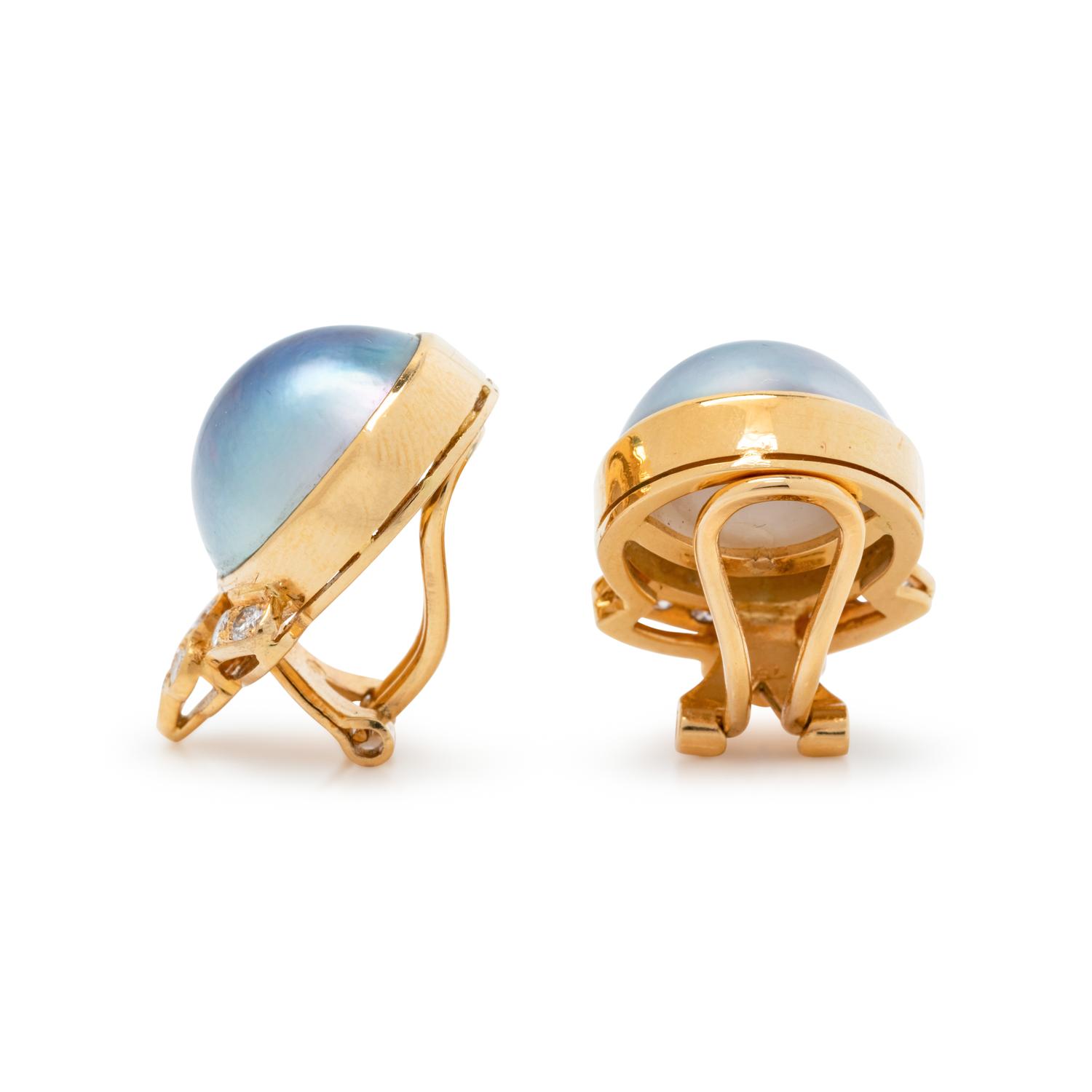 CULTURED MABE PEARL AND DIAMOND EARCLIPS