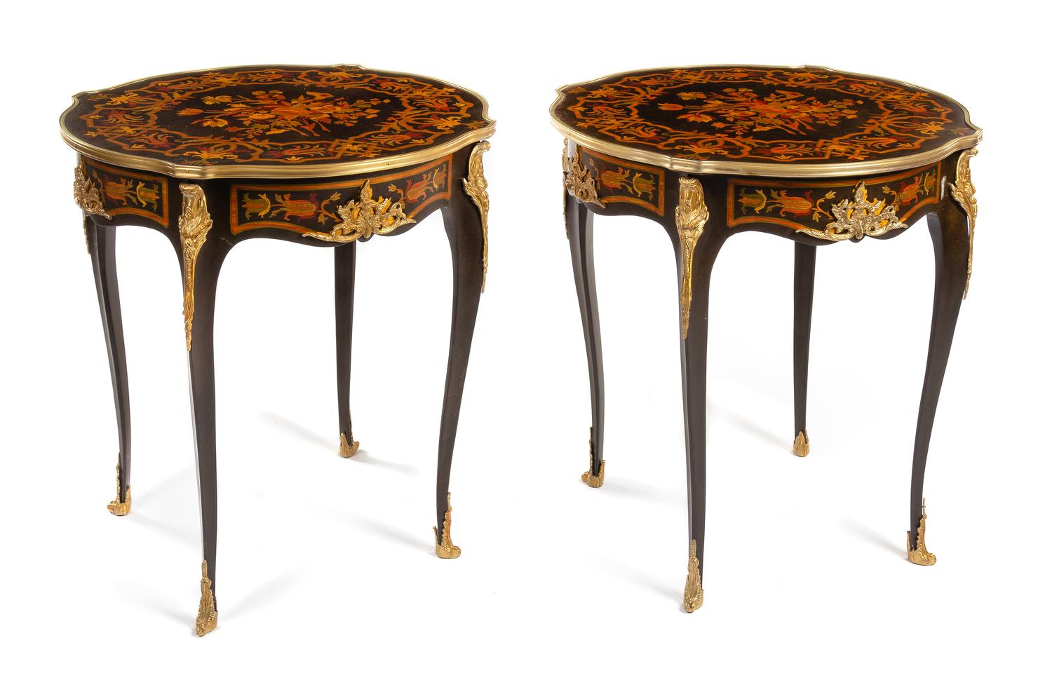 A Pair of Louis XV Style Gilt Bronze Mounted Marquetry Tables Height 30 inches. — 20TH CENTURY