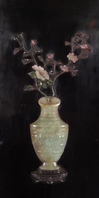 A Chinese Jade and Hardstone Inlaid Black Lacquered Five-Panel Floor Screen