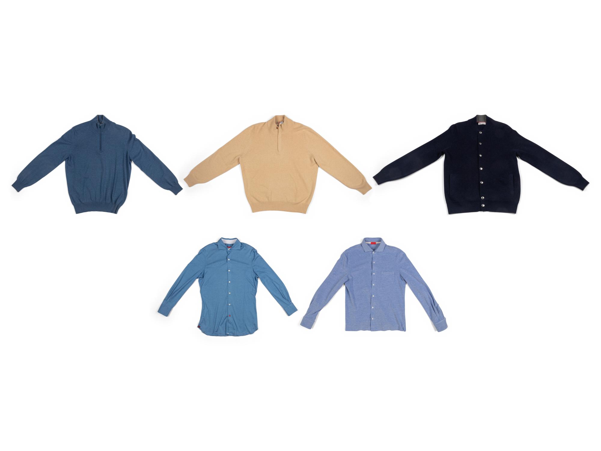THREE BRUNELLO CUCINELLI SWEATERS AND TWO ISAIA SHIRTS