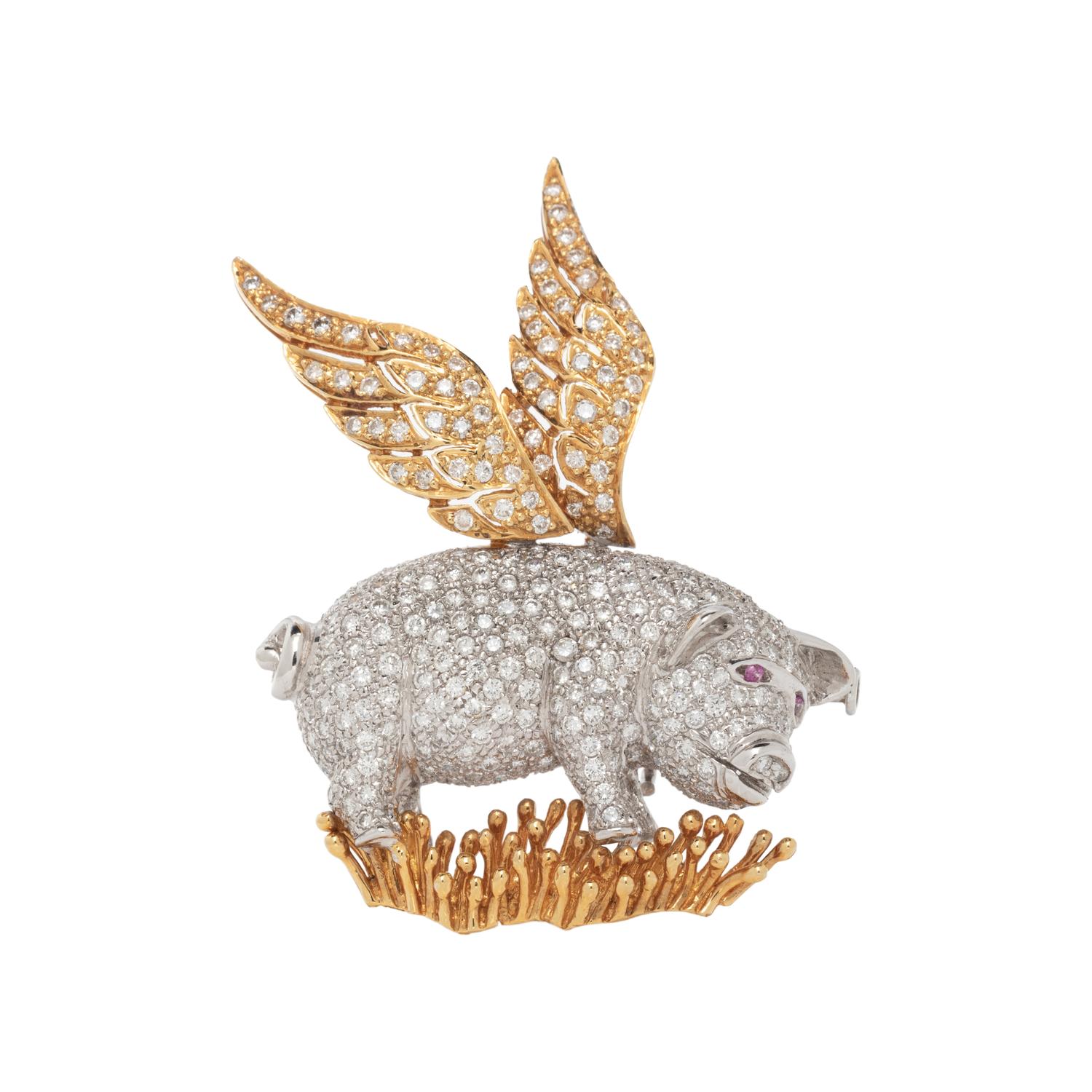 DIAMOND AND BICOLOR GOLD FLYING PIG BROOCH