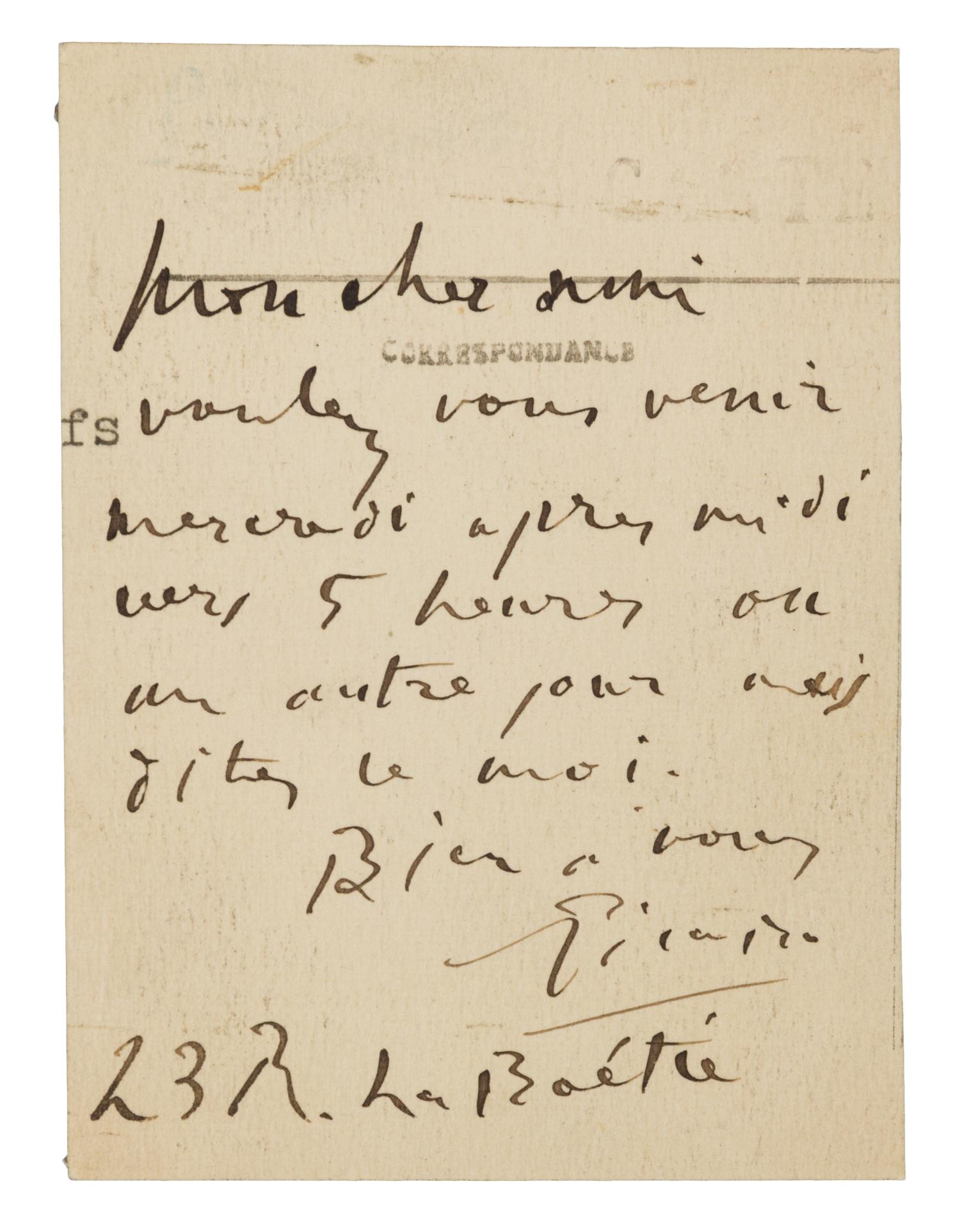 PICASSO, Pablo (1881-1973). Autograph note on a postcard signed ("Picasso"), in French, to an unnamed recipient. Paris, n.d.