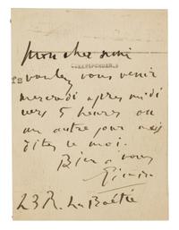 PICASSO, Pablo (1881-1973). Autograph note on a postcard signed ("Picasso"), in French, to an unnamed recipient. Paris, n.d.