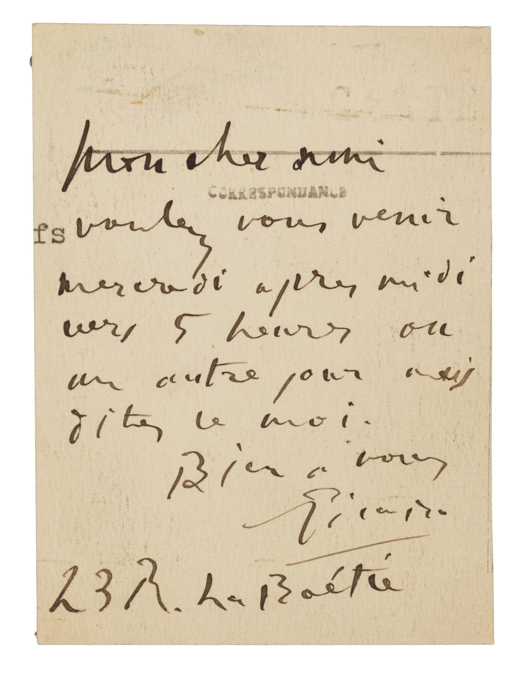 PICASSO, Pablo (1881-1973). Autograph note on a postcard signed ("Picasso"), in French, to an unnamed recipient. Paris, n.d.