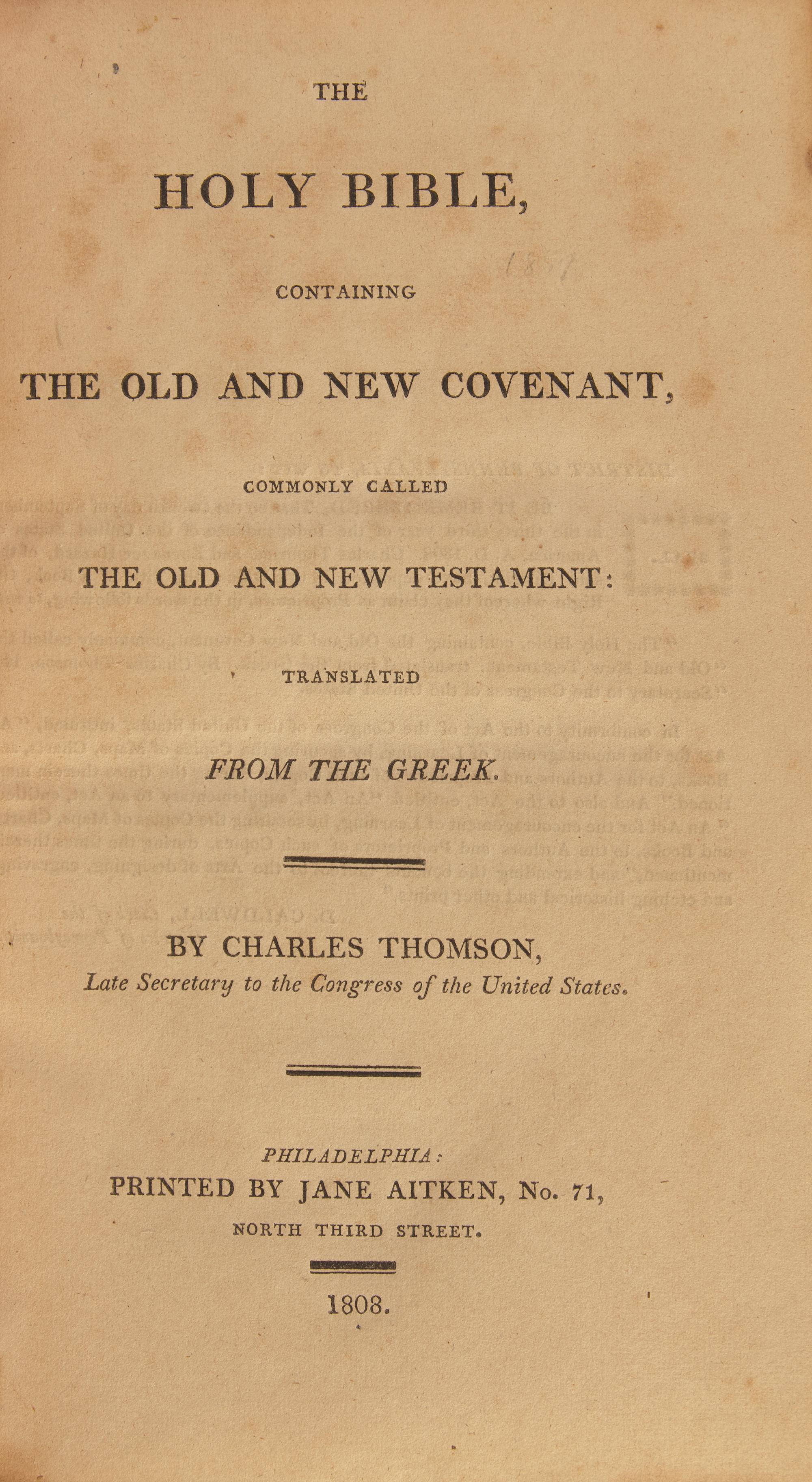 [Aitken, Jane] Thomson, Charles (translator). The Holy Bible, Containing the Old and New Covenant, Commonly Called the Old and New Testament: Translated From the Greek