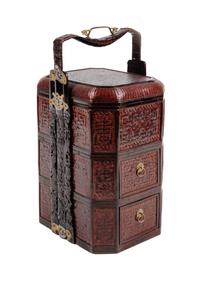A Chinese Three-Part Lacquered Bamboo Picnic Basket