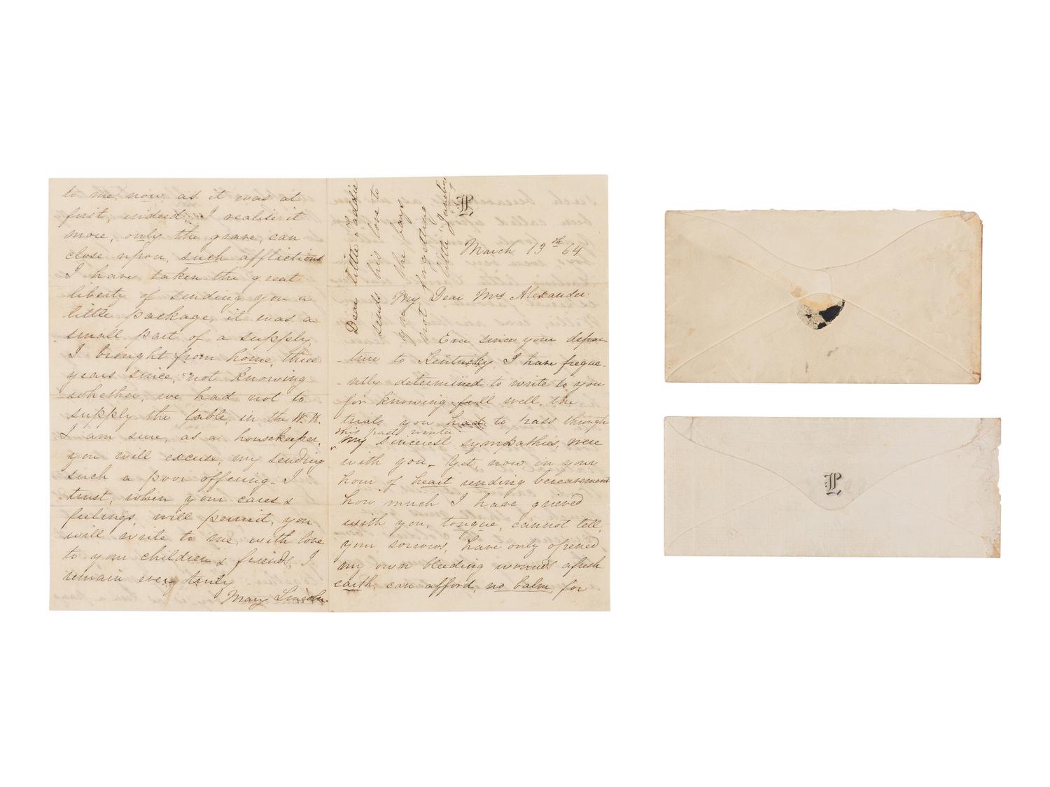 LINCOLN, Mary Todd (1818-1882). Autograph letter signed ("Mary Lincoln"), to Mrs. Sallie Rudd Alexander, with an envelope free-franked by Lincoln ("A. Lincoln"), Washington, D.C., 13 March 1864.