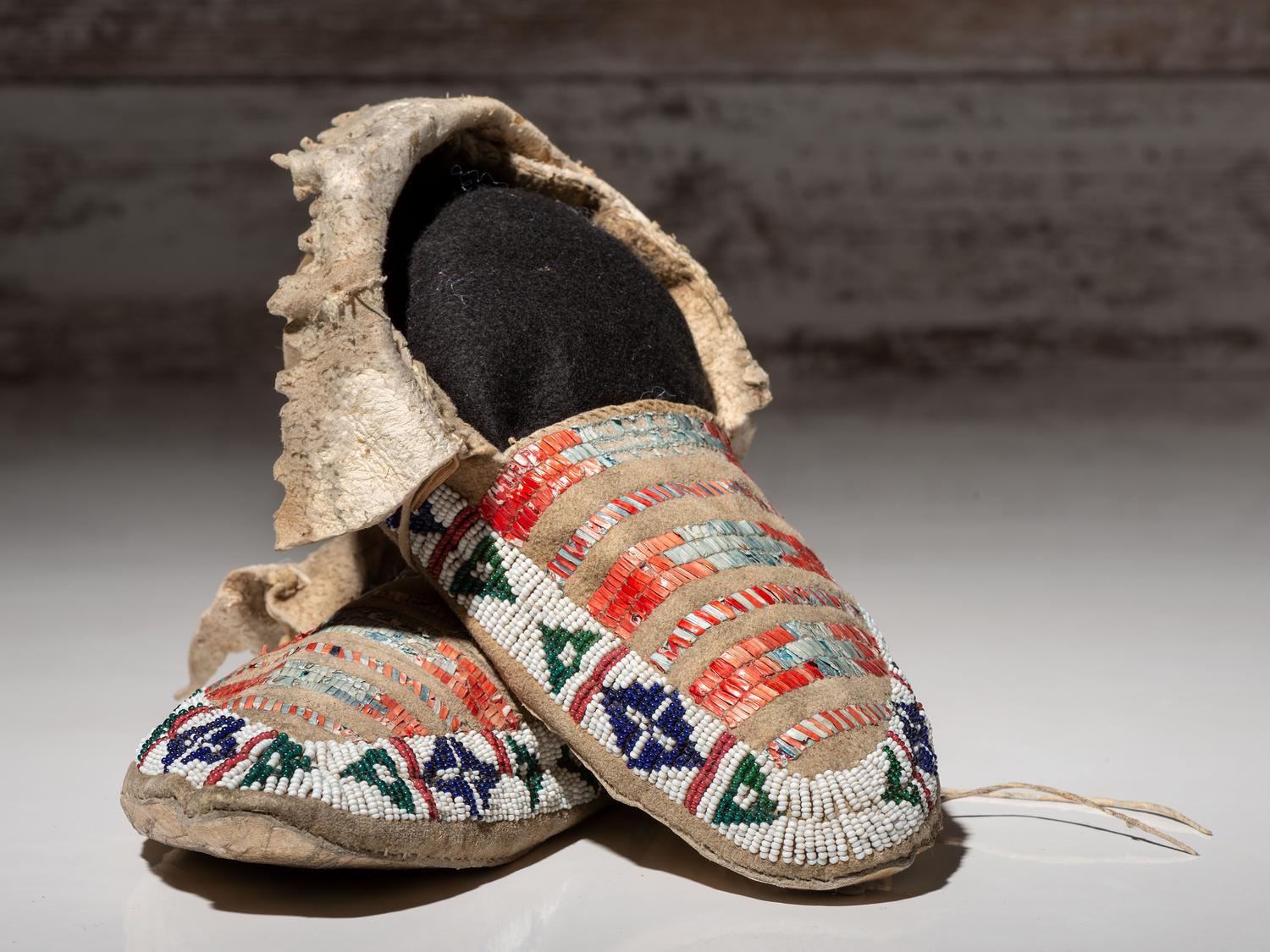 Northern Plains Beaded and Quilled Moccasins, with Painted Parfleche Soles