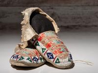 Northern Plains Beaded and Quilled Moccasins, with Painted Parfleche Soles