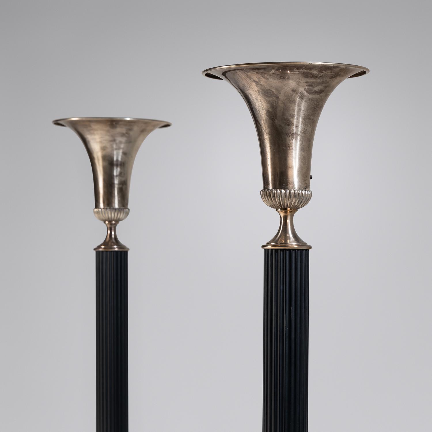 Pair of Silvered and Patinated Metal Torchère Floor Lamps