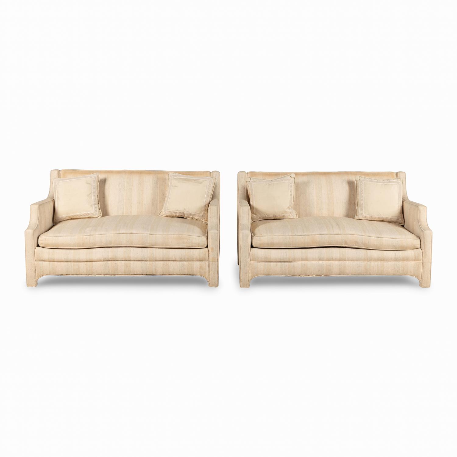 A Pair of Custom Cream Slub-Silk Upholstered Settees