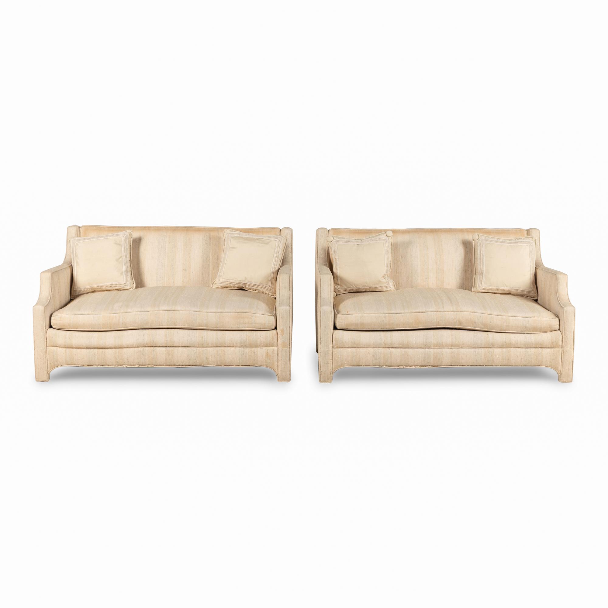 A Pair of Custom Cream Slub-Silk Upholstered Settees