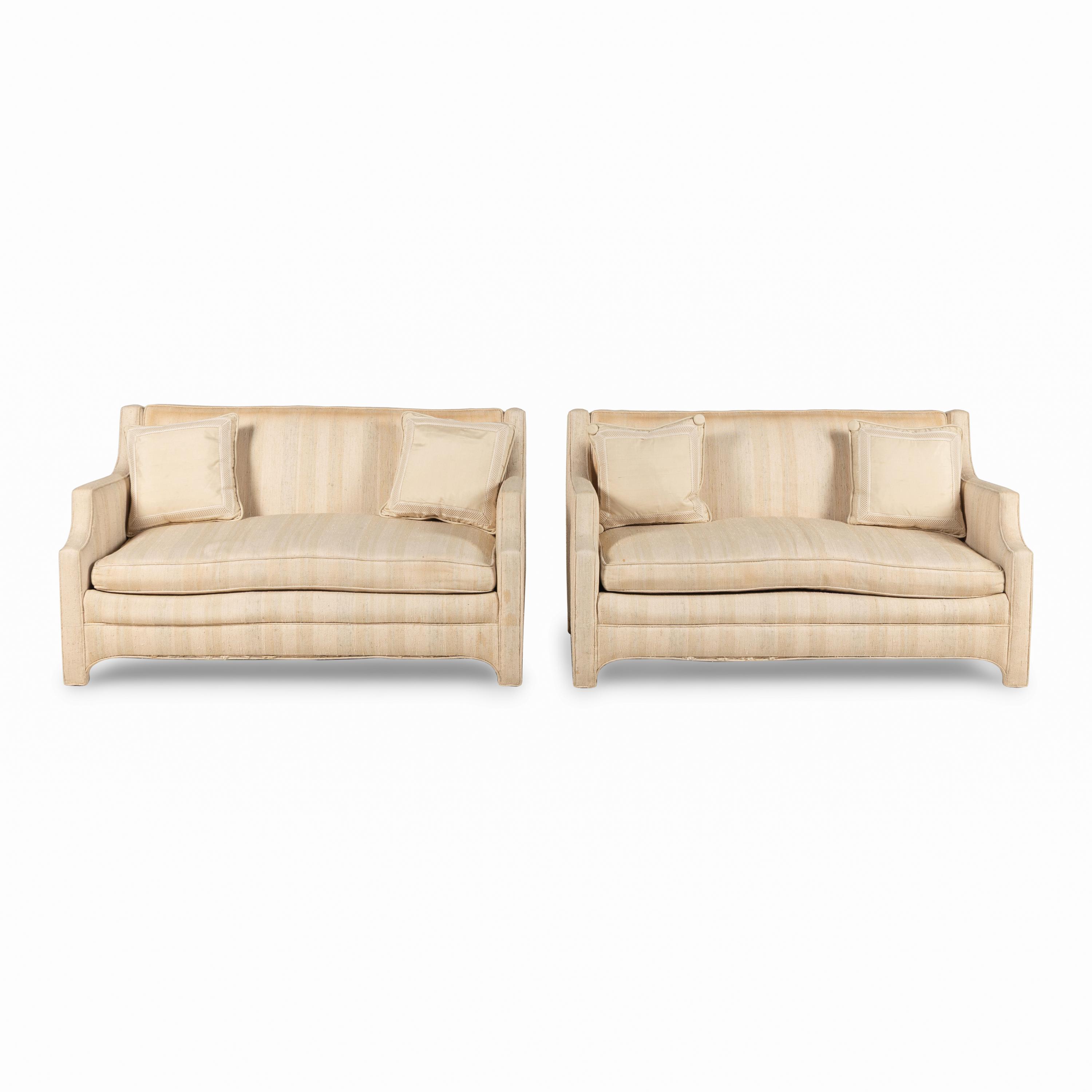 A Pair of Custom Cream Slub-Silk Upholstered Settees