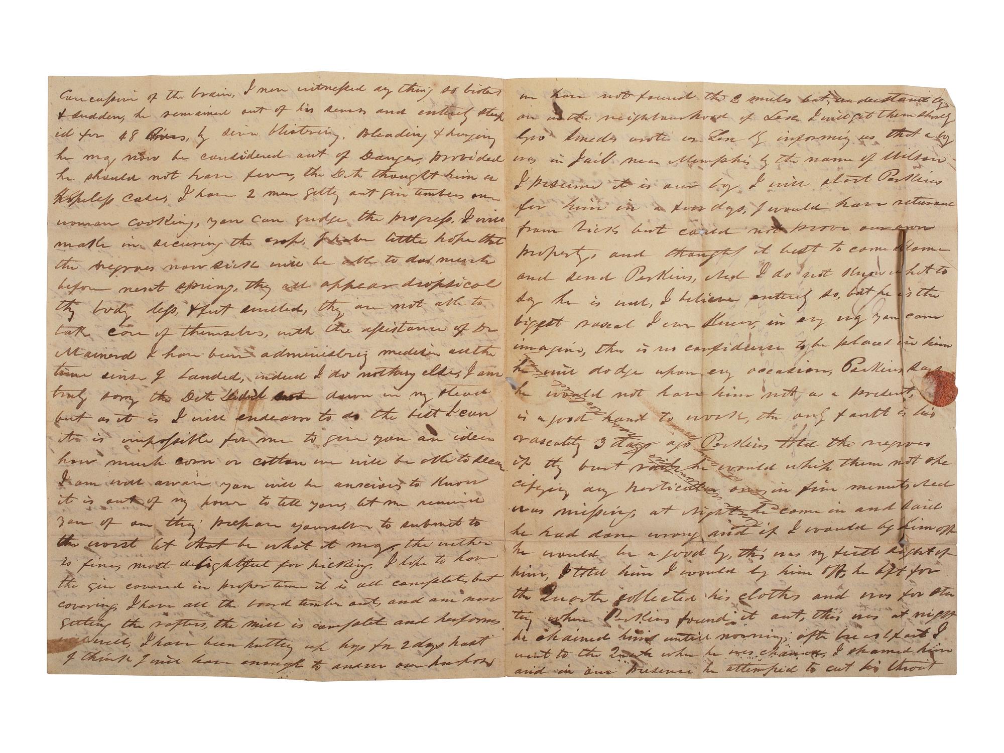 [ENSLAVEMENT & ABOLITION]. Letter describing conditions on a Mississippi plantation, including the escape and punishment of an enslaved man "Ned." Honey Island, Mississippi. 3 March 1837.