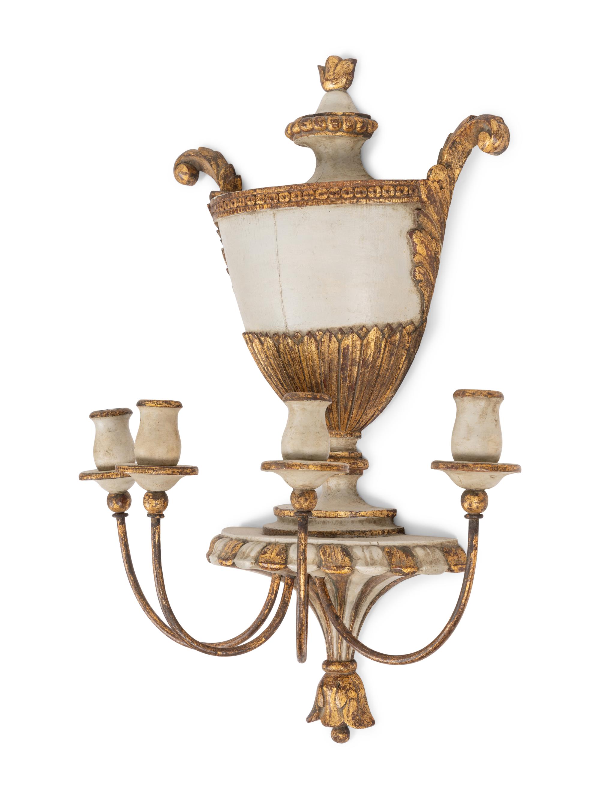 A Spanish Painted and Parcel Gilt Urn-Form Four-Light Sconce