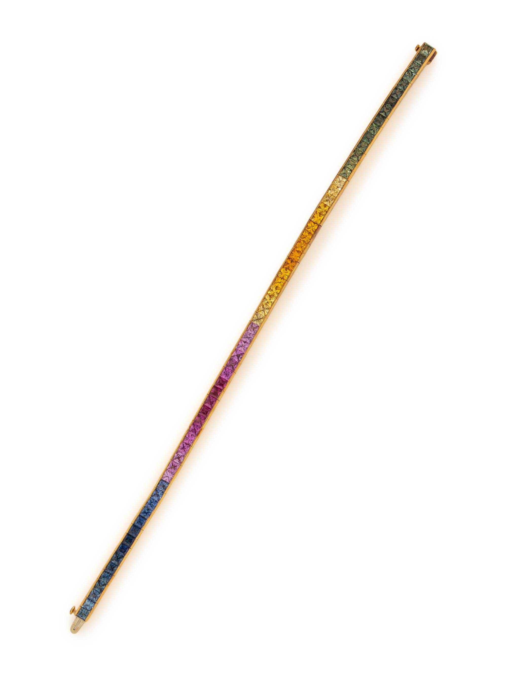 MULTICOLOR SAPPHIRE AND YELLOW GOLD LINE BRACELET