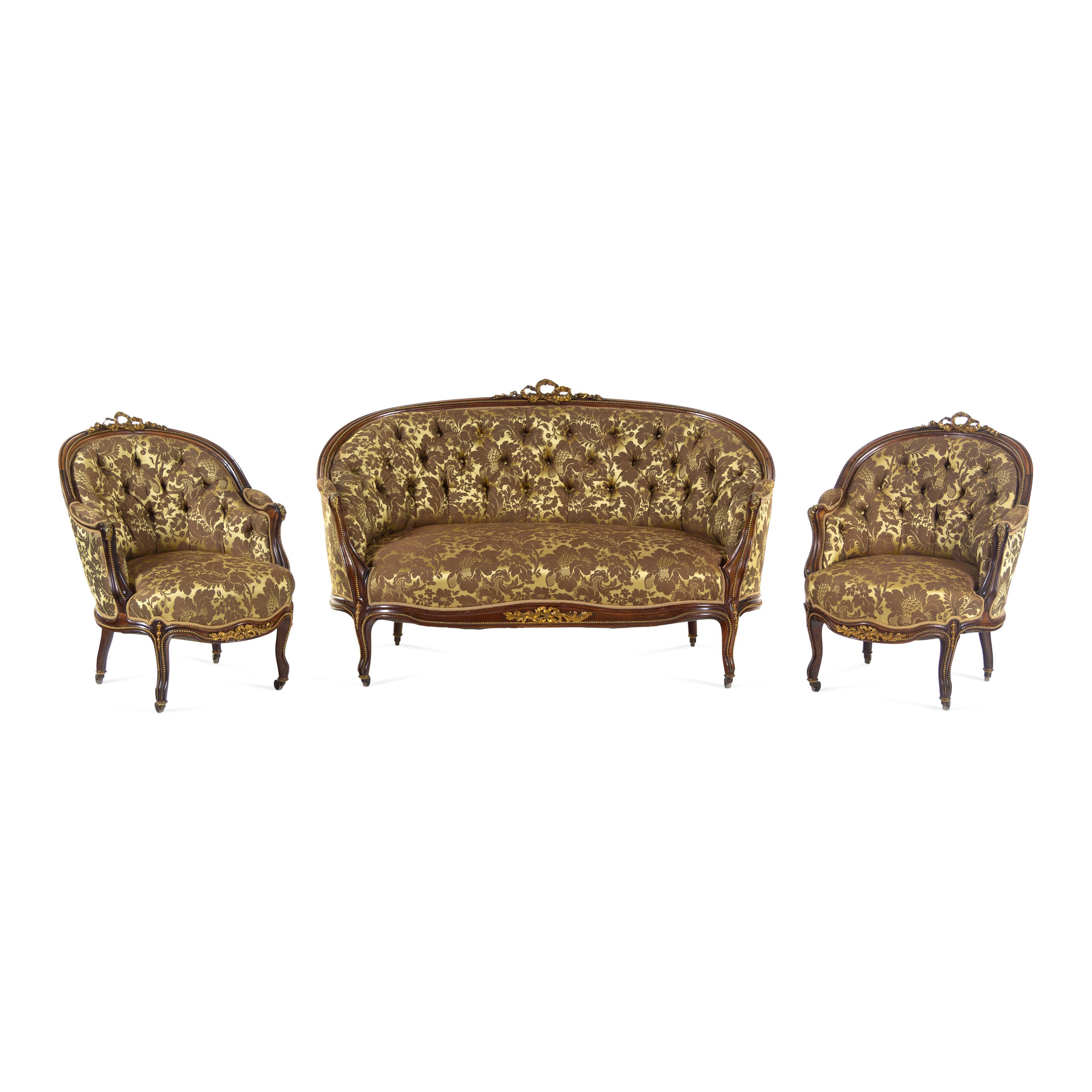 A Louis XV Style Gilt Bronze Mounted Rosewood Three-Piece Seating Suite