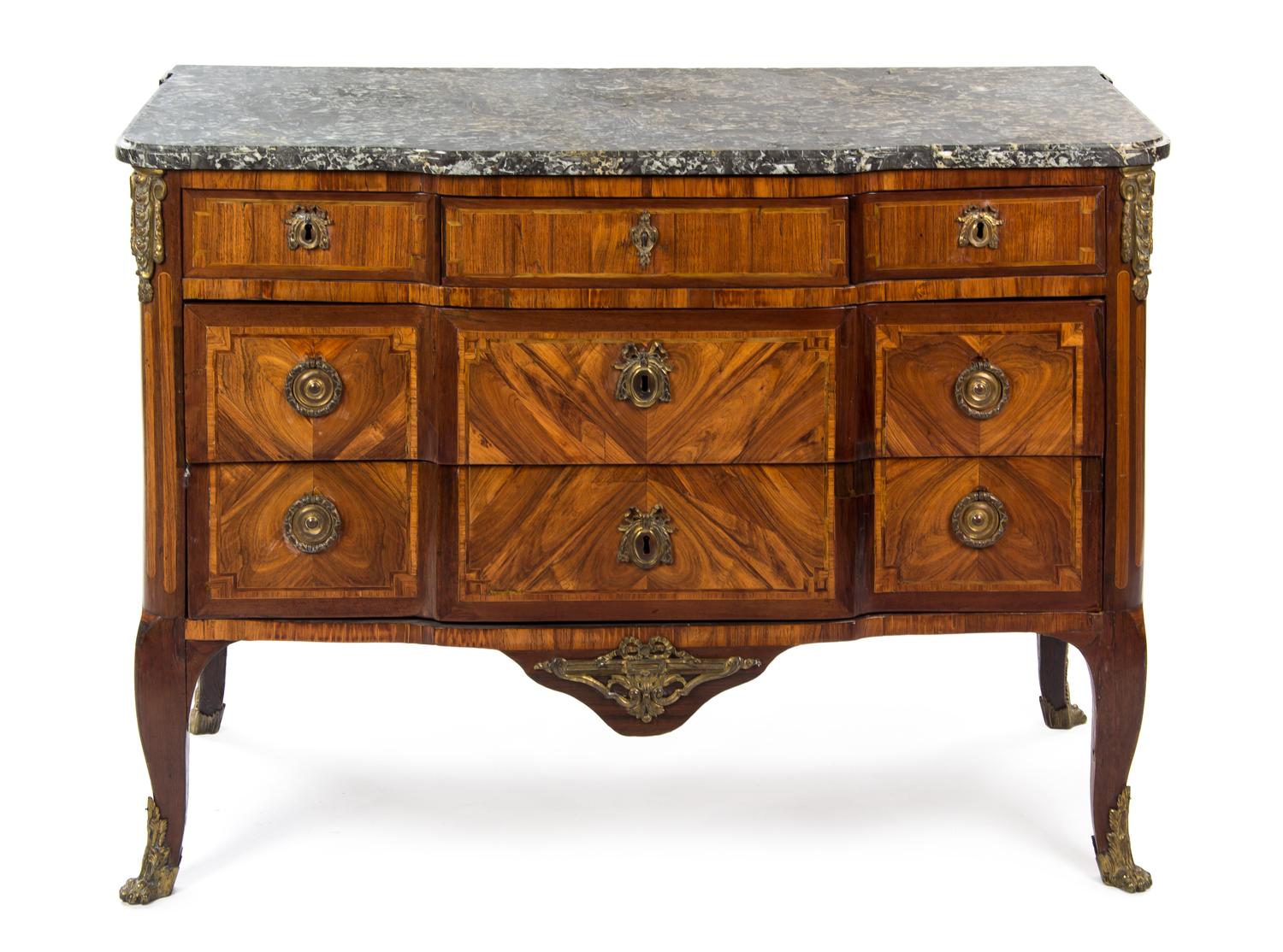 A Louis XV/XVI Transitional Gilt Bronze Mounted Fruitwood, Tulipwood and Mahogany Commode, JACQUES BIRCKLE, CIRCA 1770, Height 36 — JACQUES BIRCKLE, CIRCA 1770,
