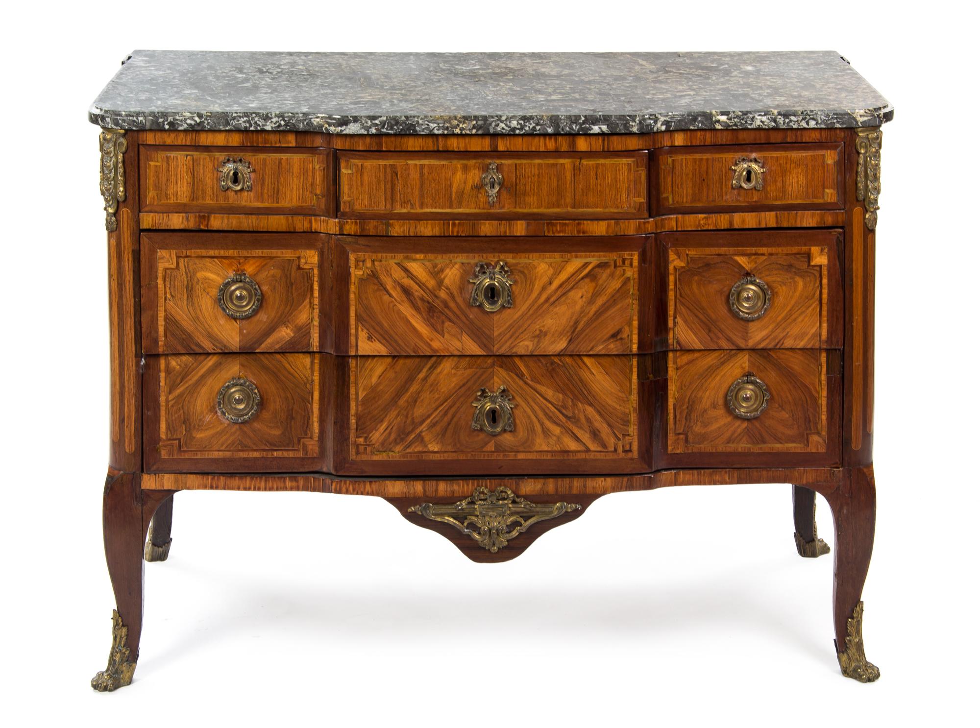 A Louis XV/XVI Transitional Gilt Bronze Mounted Fruitwood, Tulipwood and Mahogany Commode, JACQUES BIRCKLE, CIRCA 1770, Height 36 — JACQUES BIRCKLE, CIRCA 1770,