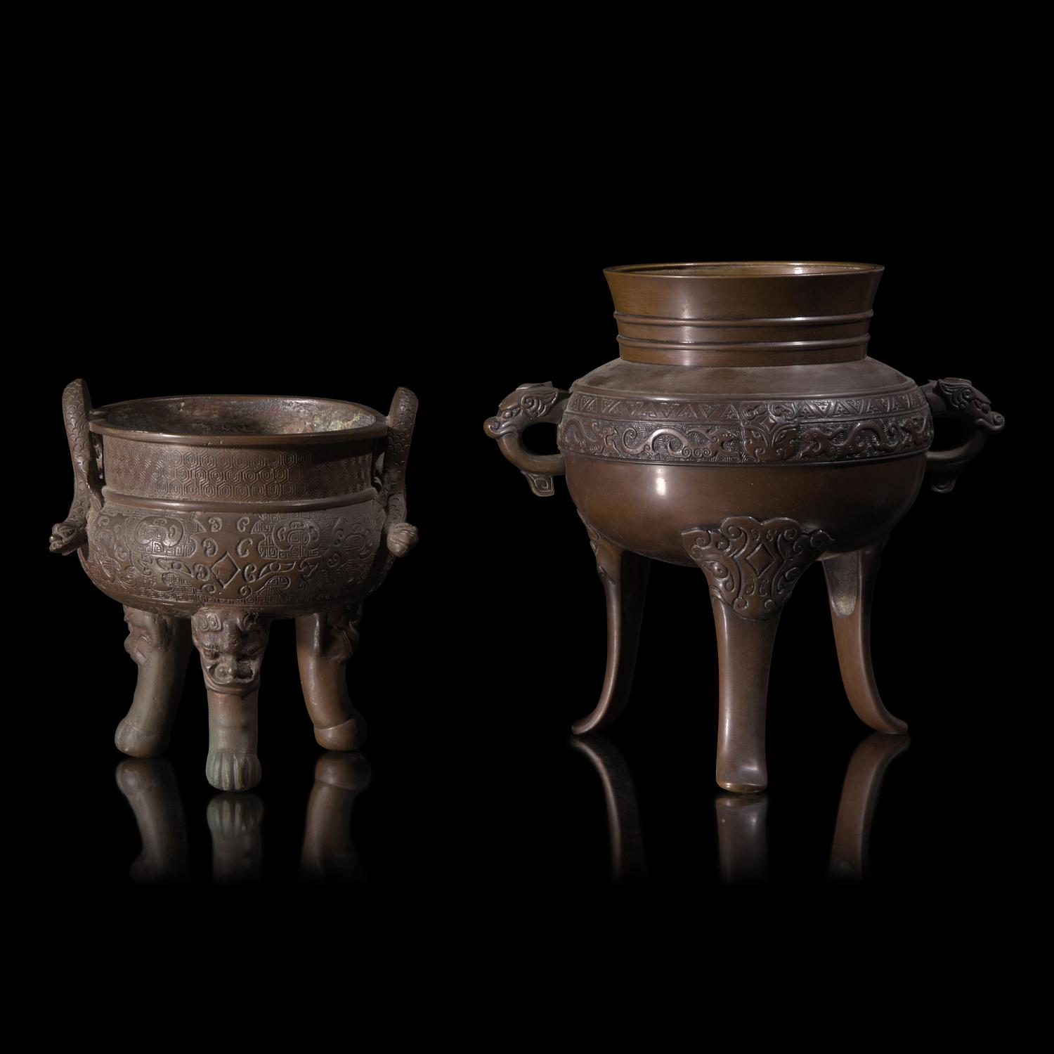 Two Japanese Bronze Tripod Incense Burners