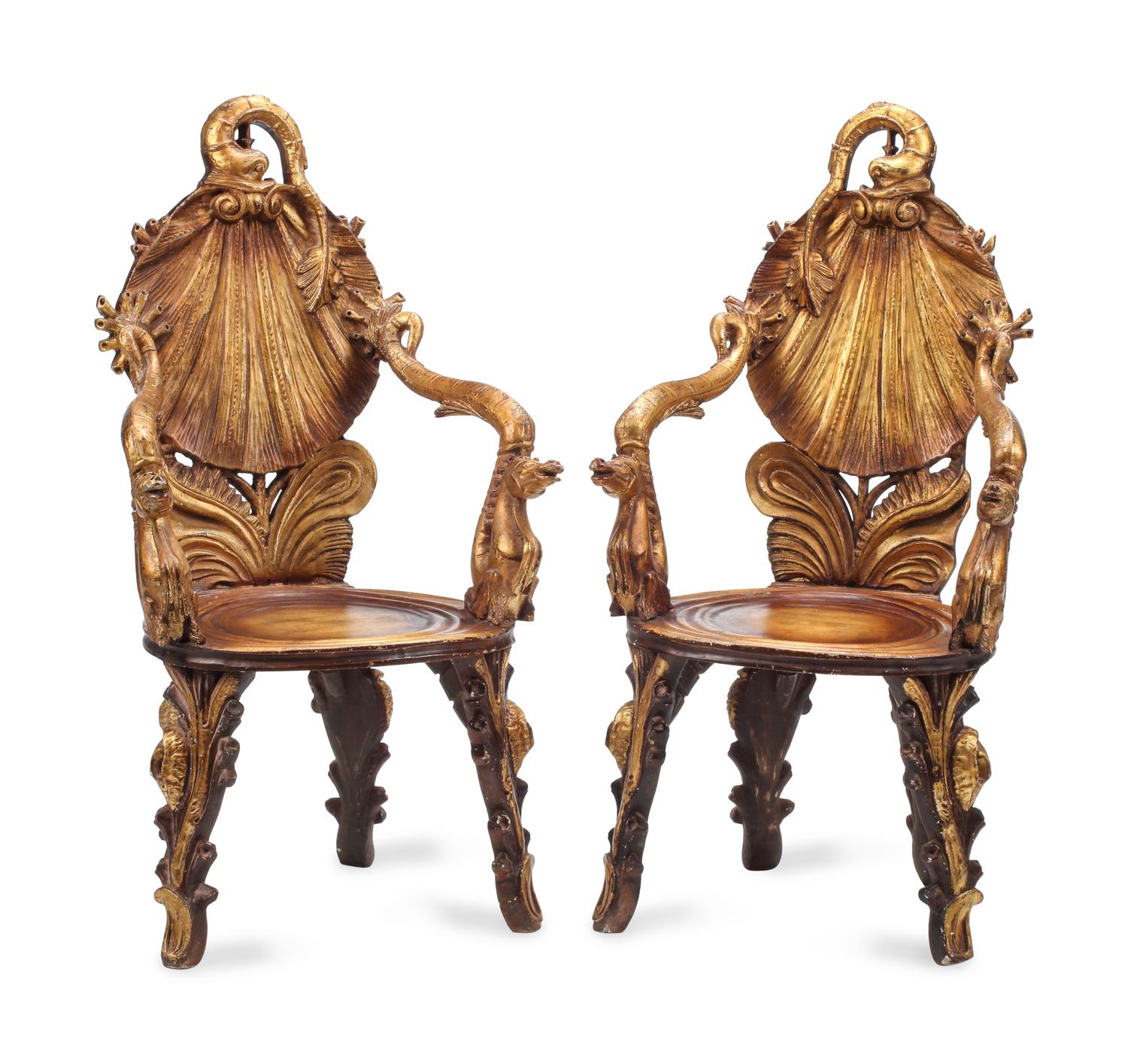 A Pair of Venetian Parcel-Gilt "Grotto" Style Armchairs