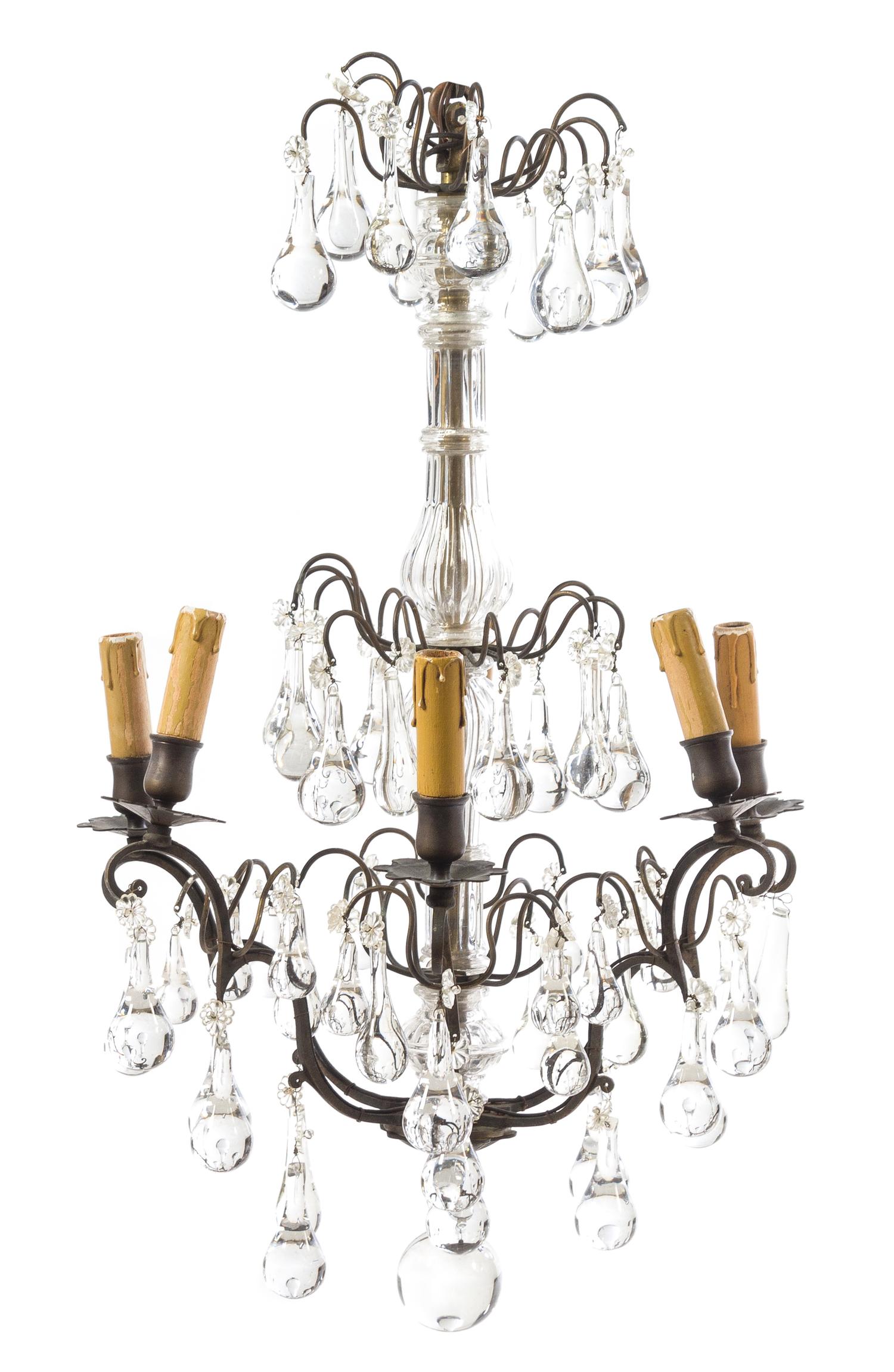 A Continental Brass and Glass Six-Light Chandelier Diameter 16 1/2 inches.