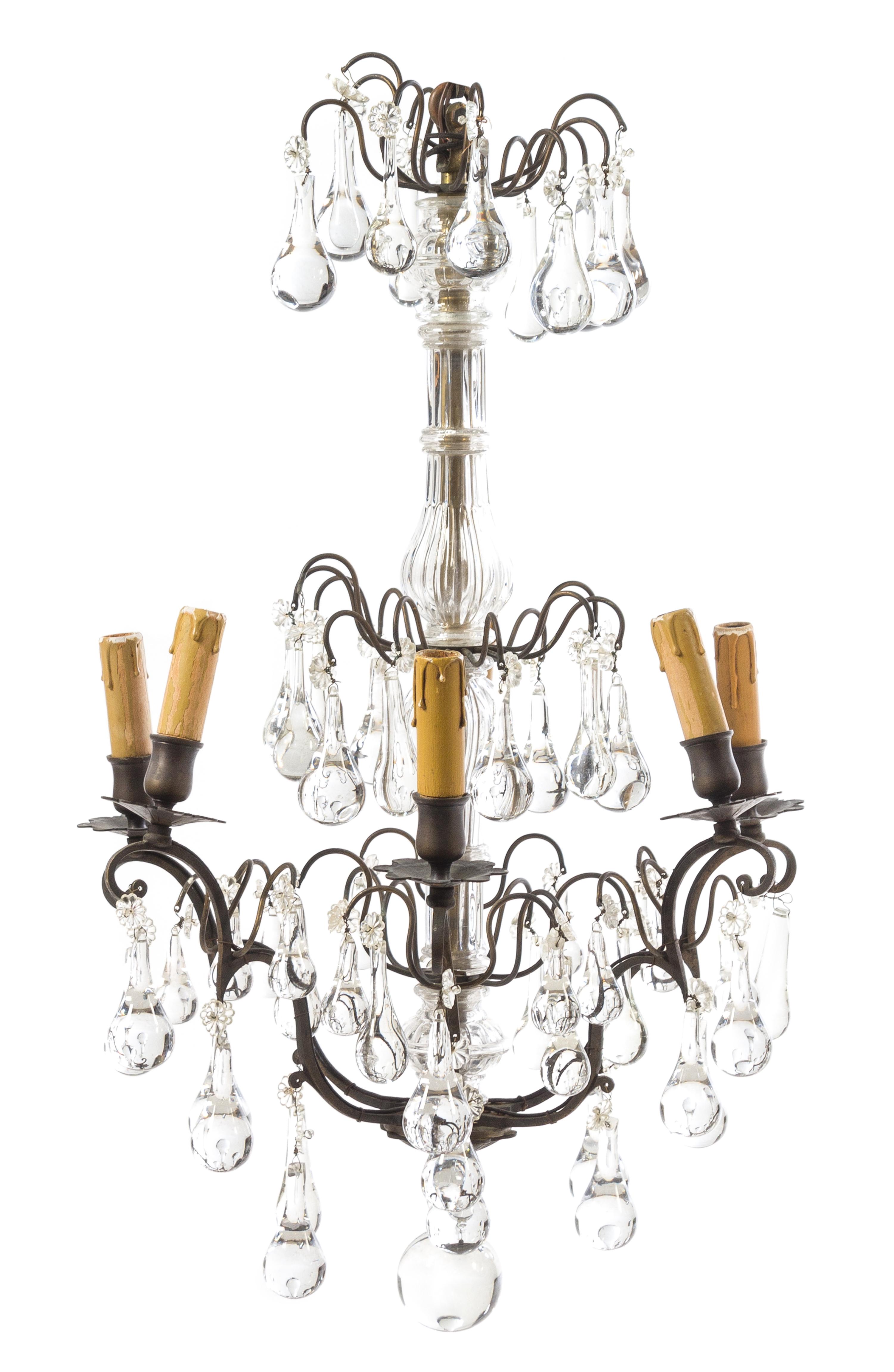 A Continental Brass and Glass Six-Light Chandelier Diameter 16 1/2 inches.