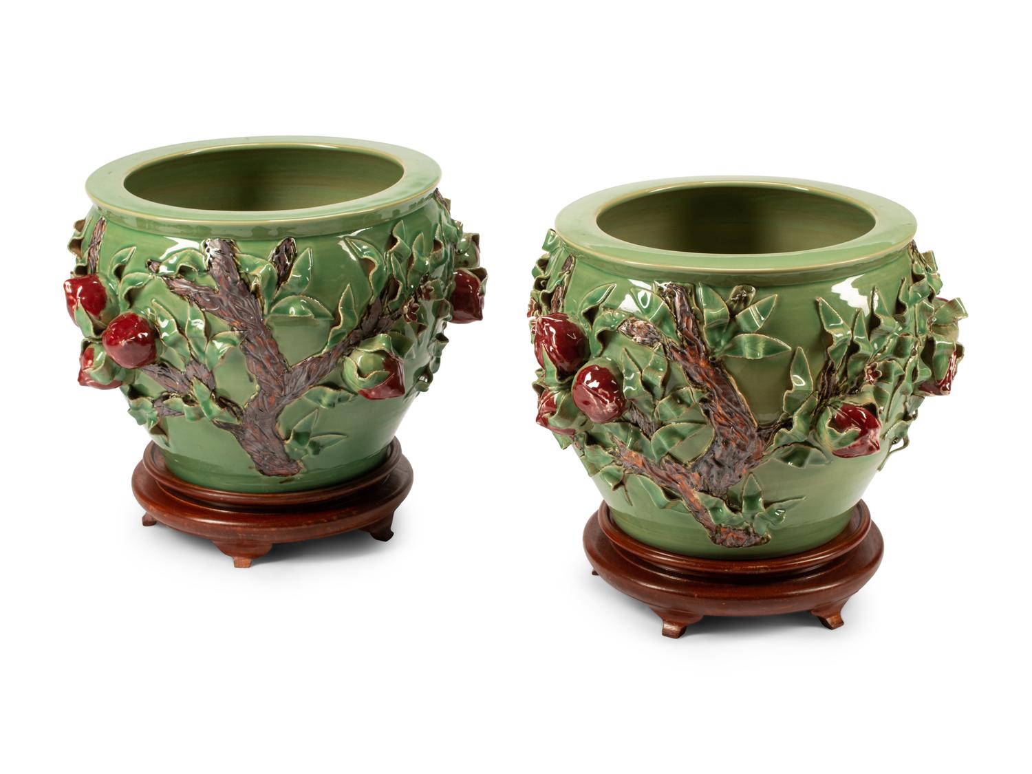 A Pair of Chinese Export Celadon and Copper Red Glazed Porcelain Peach Motif Jardinieres