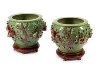 A Pair of Chinese Export Celadon and Copper Red Glazed Porcelain Peach Motif Jardinieres