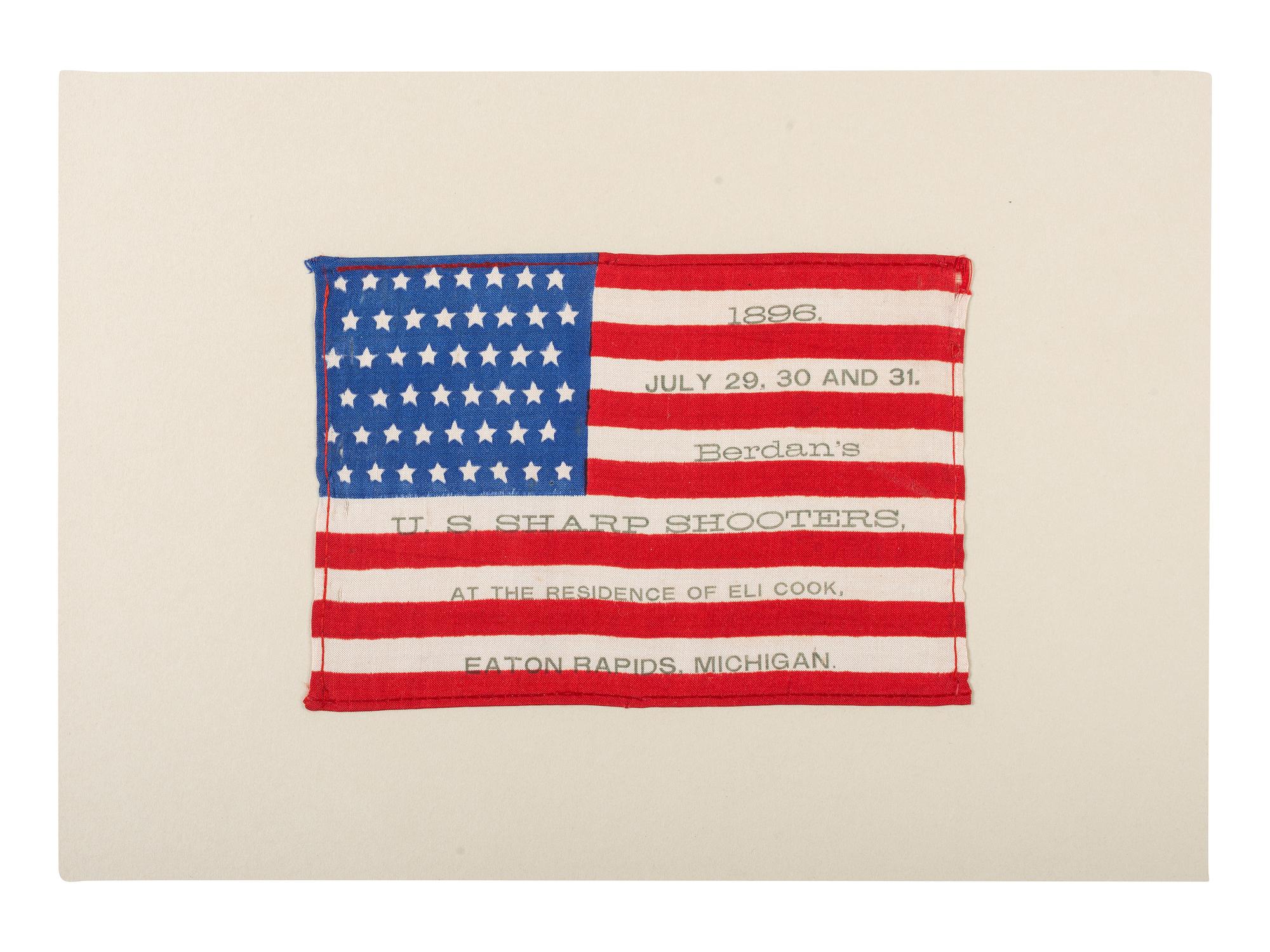 [FLAGS - CIVIL WAR]. 48-star American parade flag identified to Berdan's US Sharpshooters at the Residence of Eli Cook, Grand Rapids, Michigan. Ca 1896.