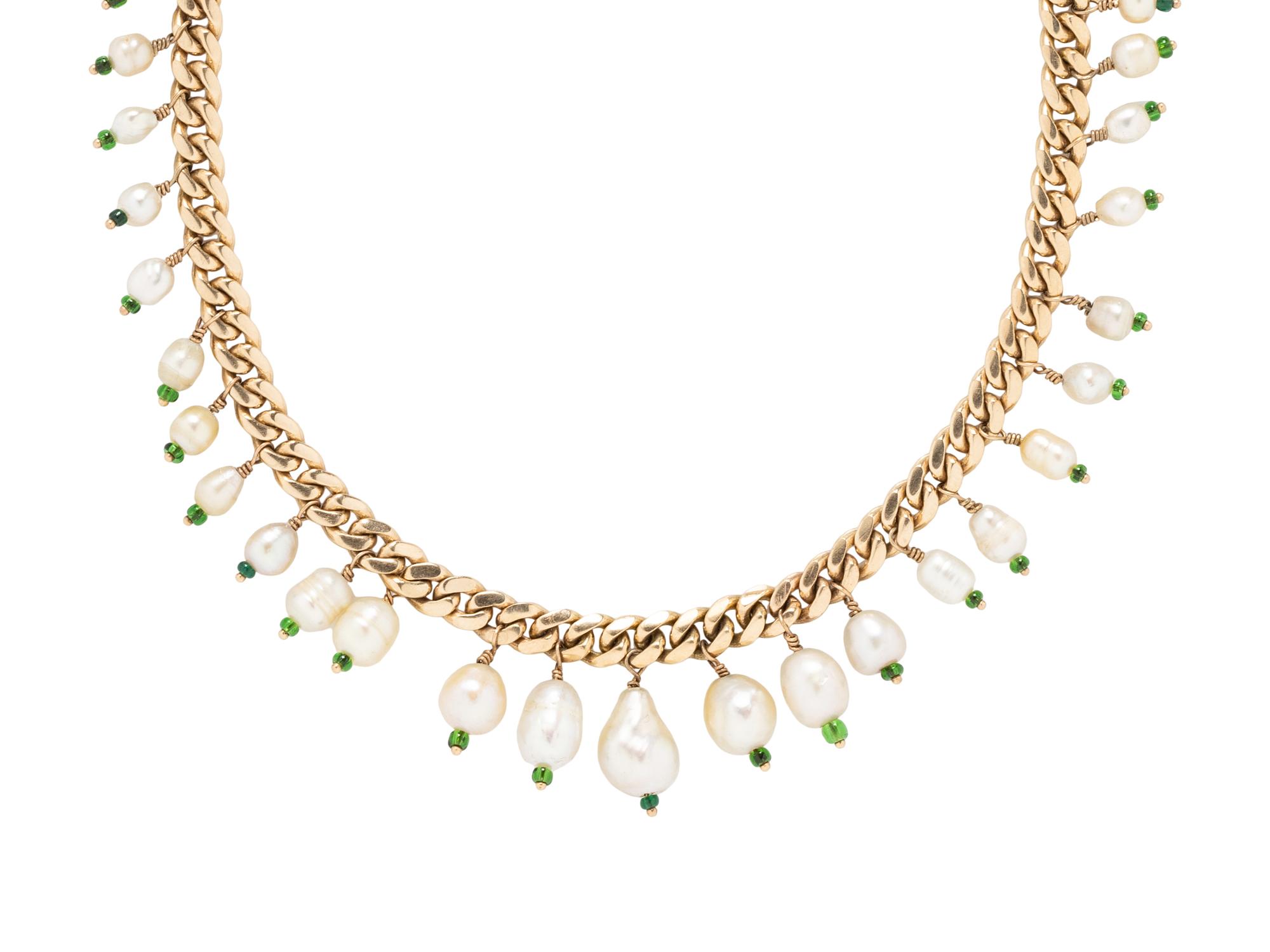 CULTURED PEARL AND GREEN GLASS BEAD FRINGE NECKLACE