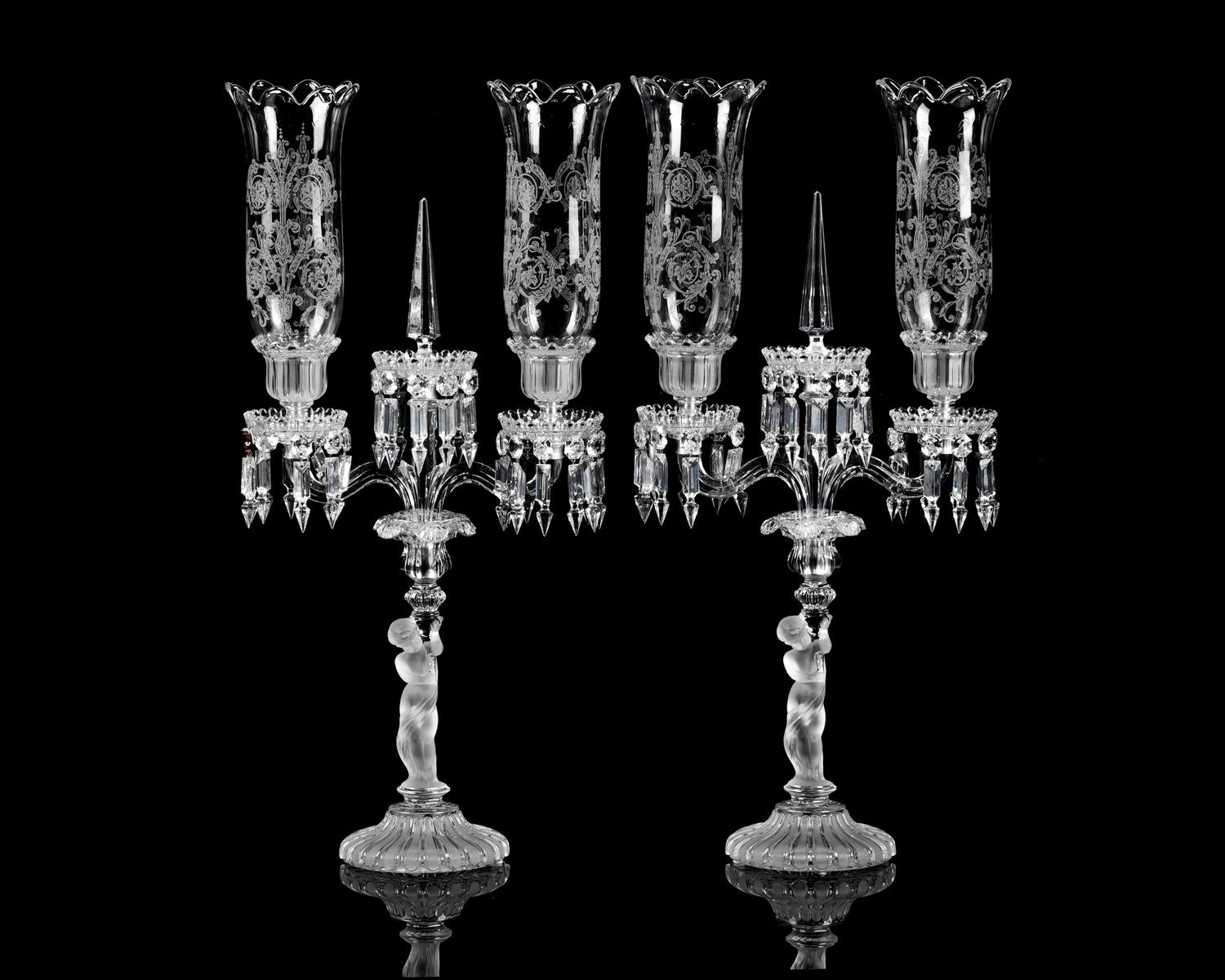 A Pair of Baccarat Etched and Molded Glass Figural Two-Light Candelabra