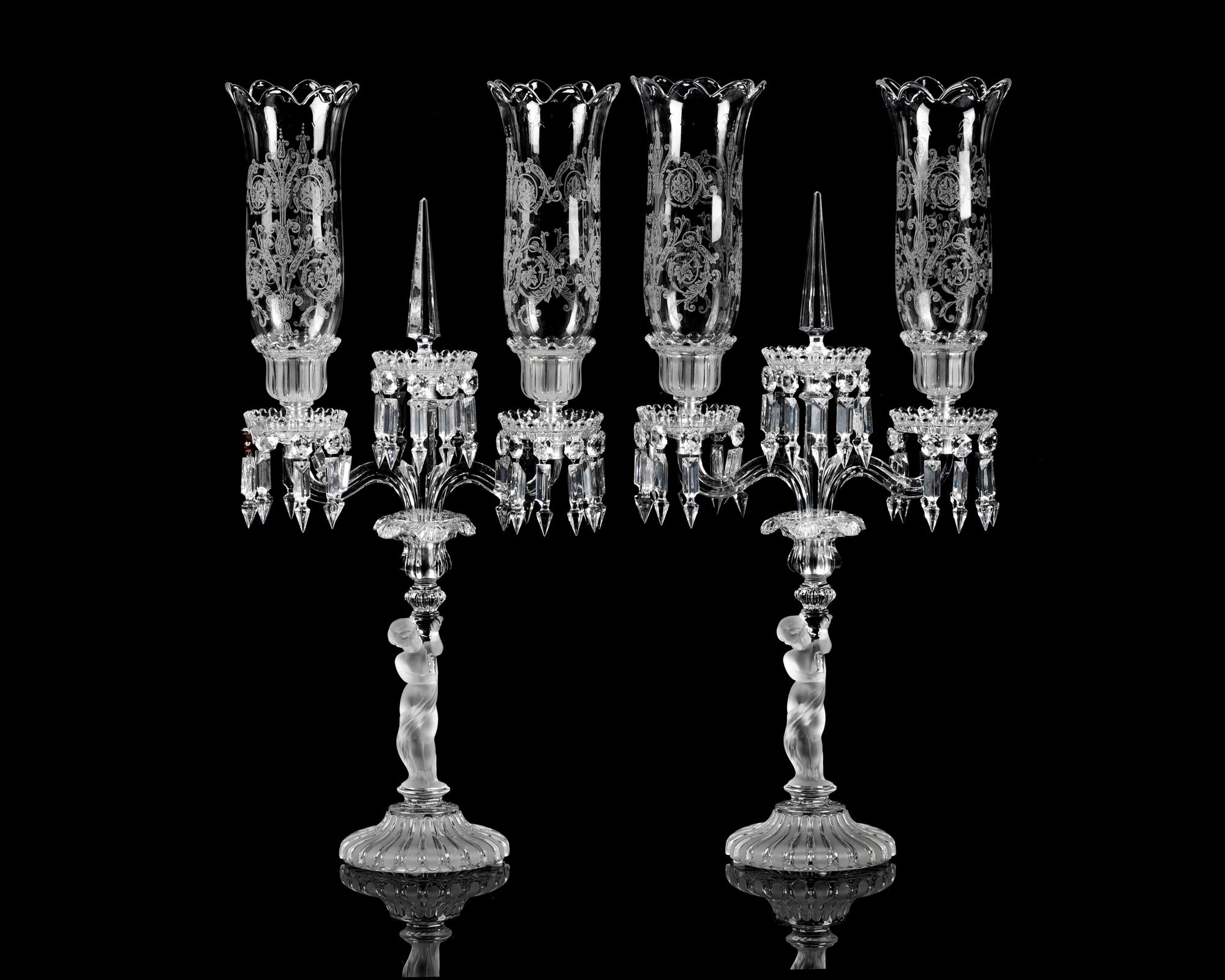 A Pair of Baccarat Etched and Molded Glass Figural Two-Light Candelabra