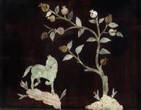 A Set of Four Hardstone Embellished Black Lacquered Wood Panels