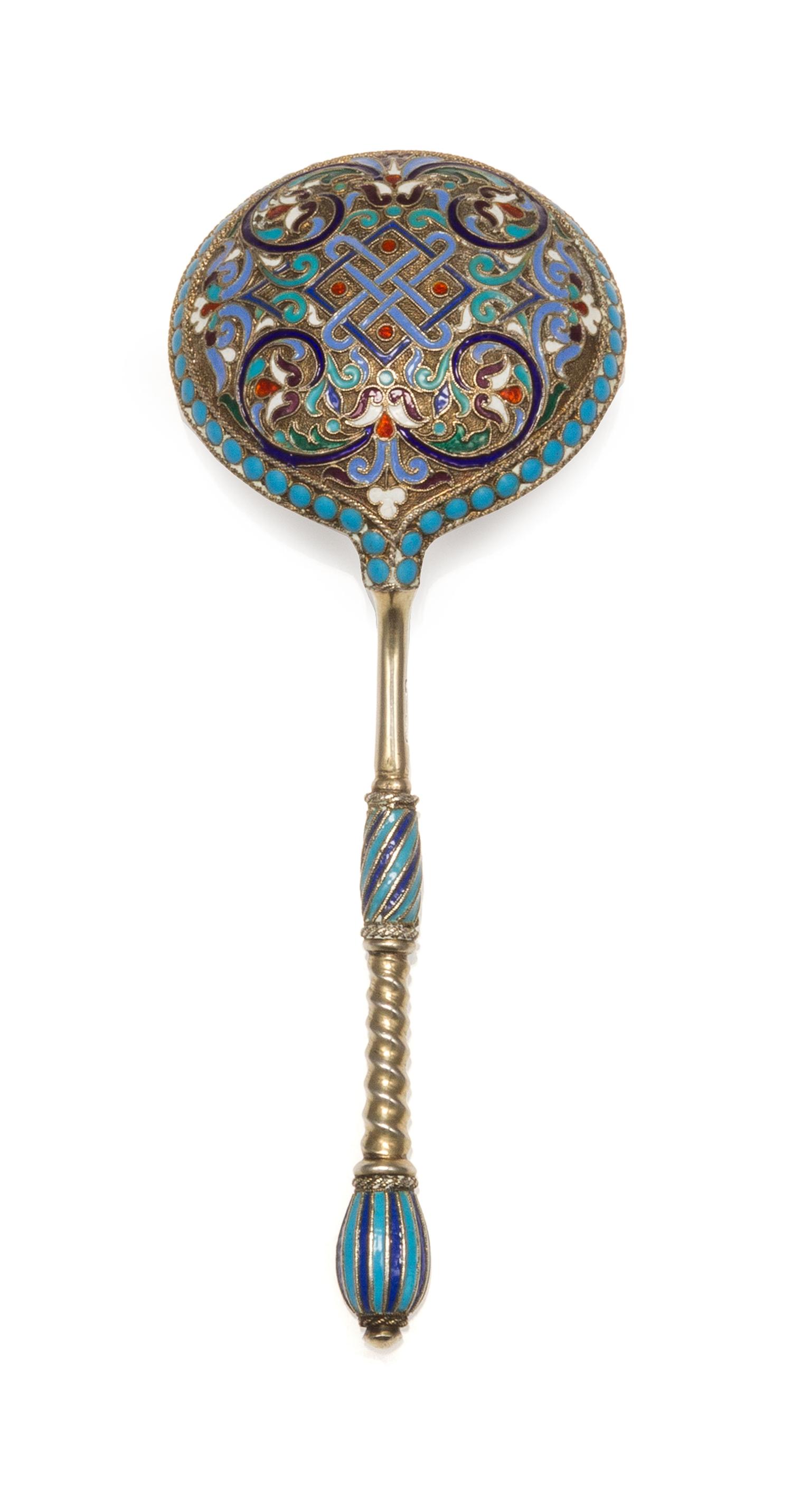 A Russian Silver-Gilt and Enamel Spoon, Mark of Gustav Klingert, assay mark of Viktor Savinsky, Moscow, 1887, having an enameled finial