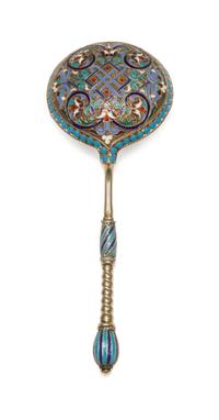 A Russian Silver-Gilt and Enamel Spoon, Mark of Gustav Klingert, assay mark of Viktor Savinsky, Moscow, 1887, having an enameled finial
