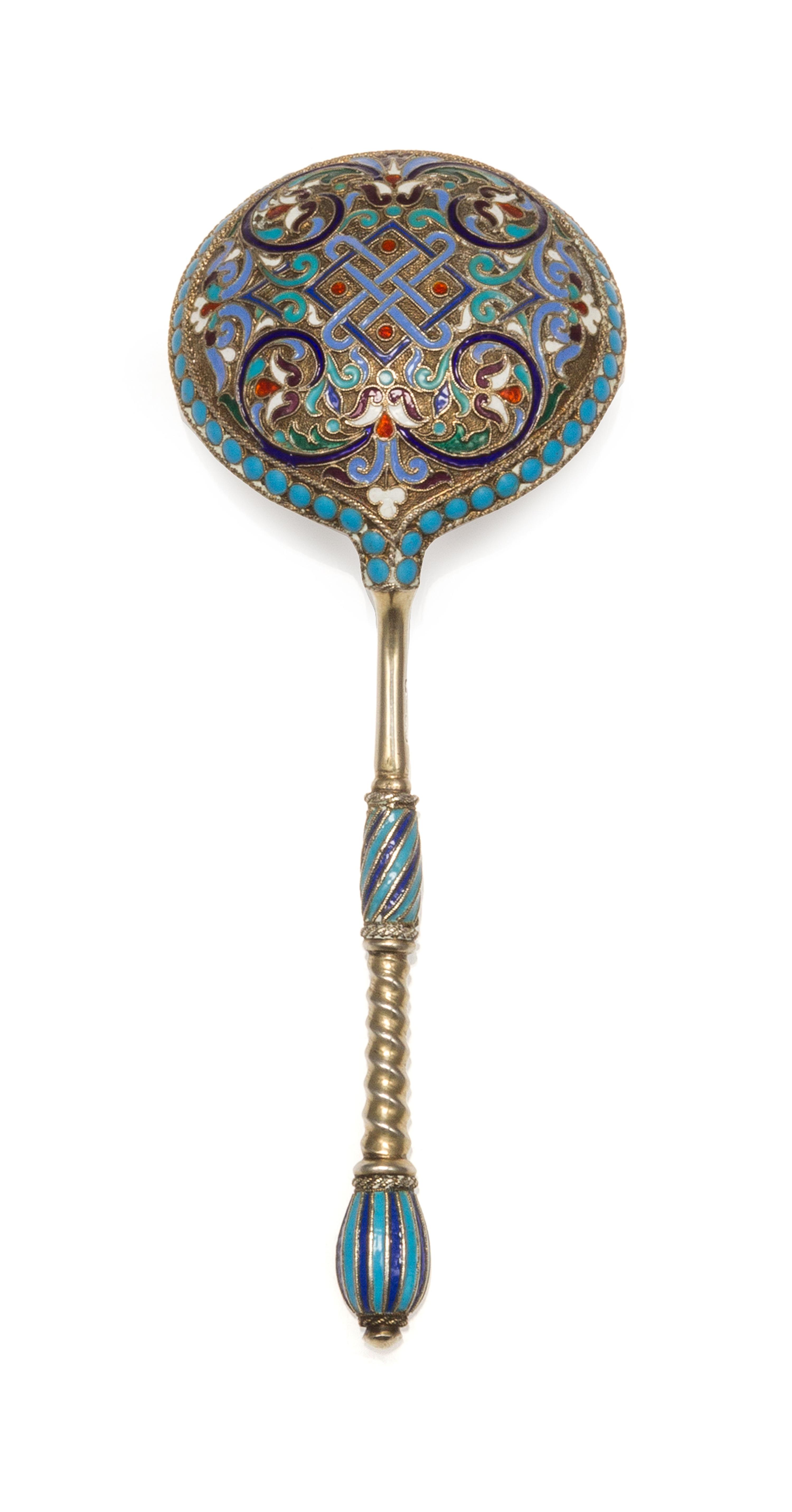 A Russian Silver-Gilt and Enamel Spoon, Mark of Gustav Klingert, assay mark of Viktor Savinsky, Moscow, 1887, having an enameled finial