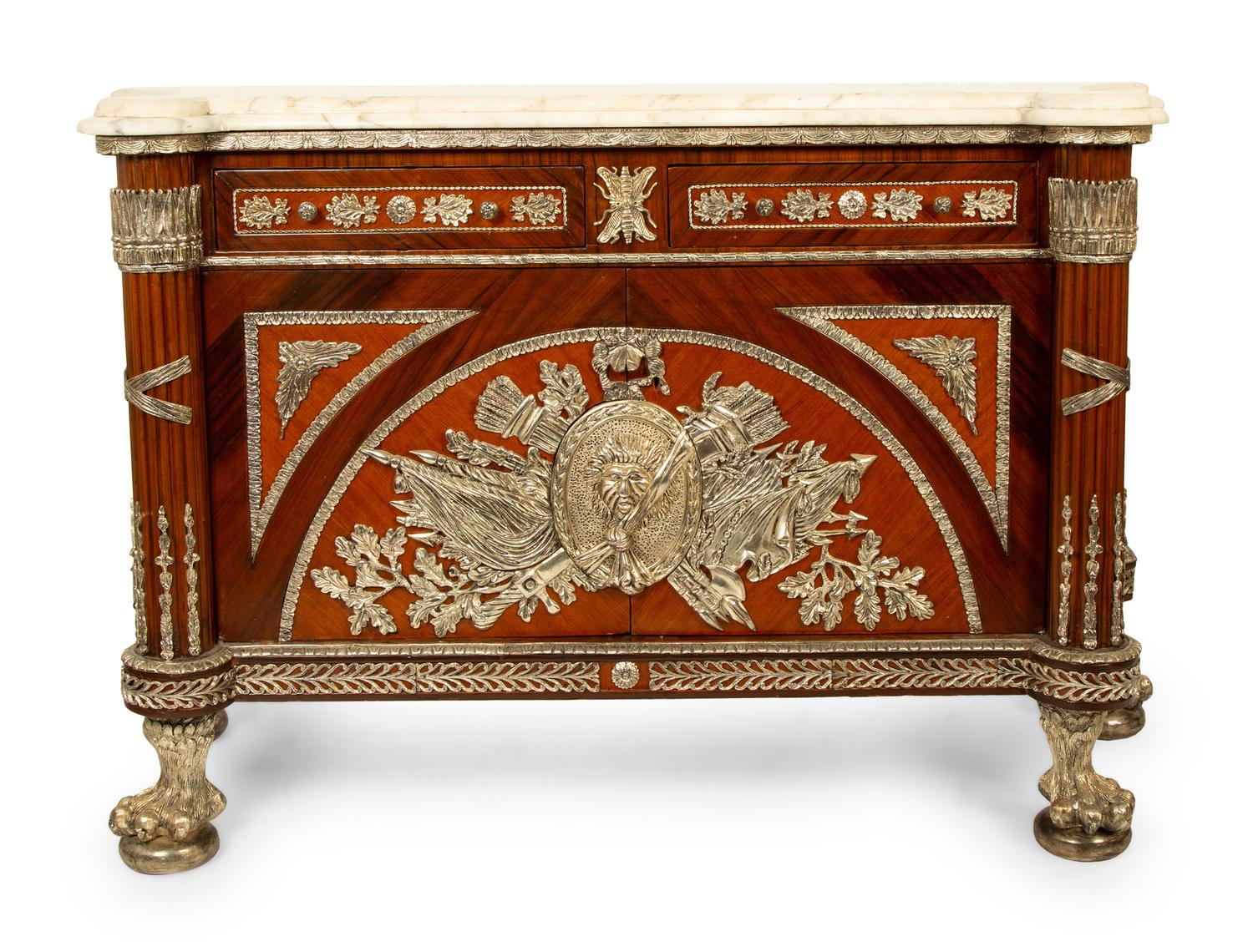 A Louis XVI Style Silvered Metal Mounted Marble-Top Commode à Vantaux after the Model by Guillaume Benneman — 20TH CENTURY