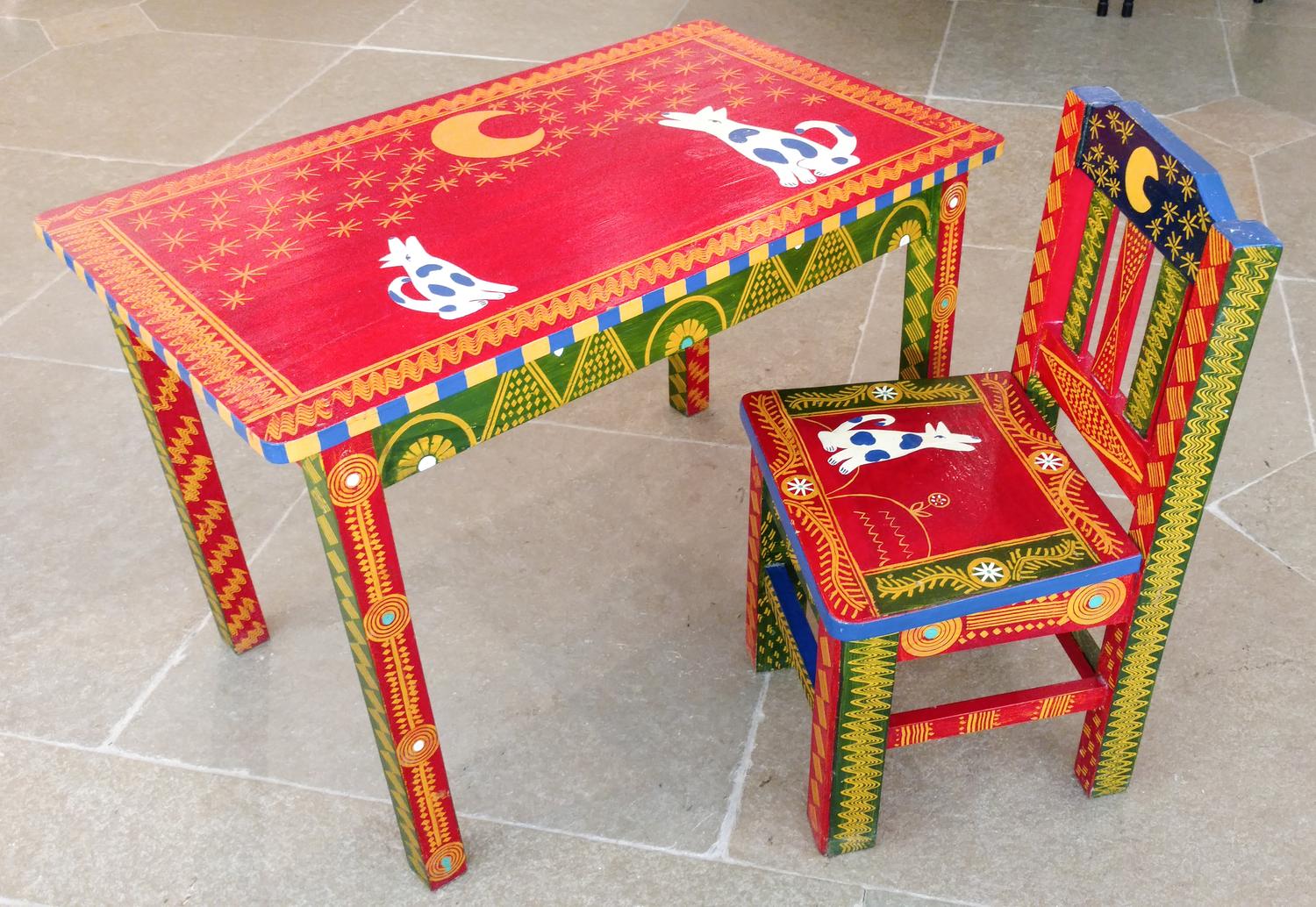 A Small Painted Table and Matching Chair Height of tallest 18 3/4 inches.