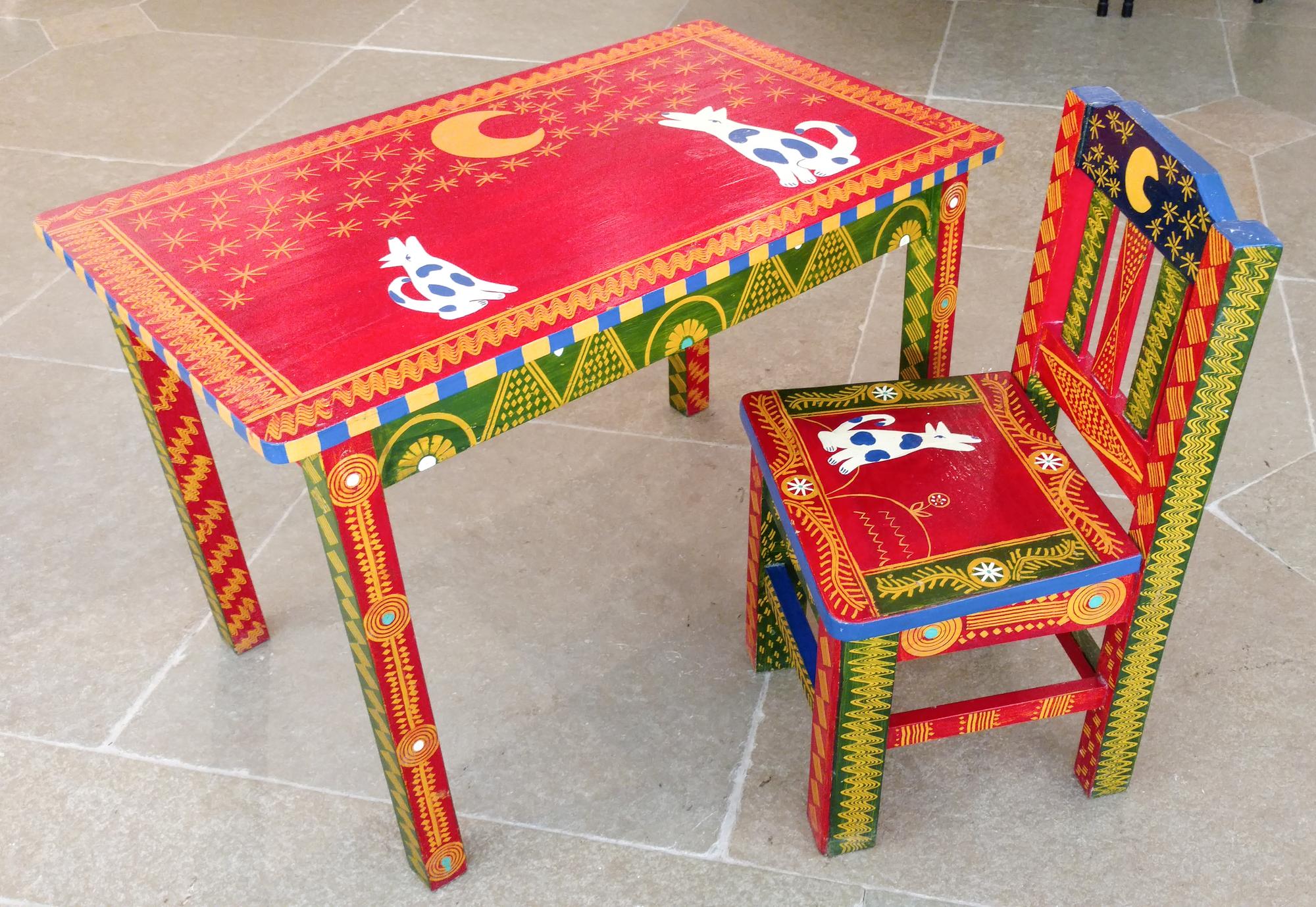 A Small Painted Table and Matching Chair Height of tallest 18 3/4 inches.