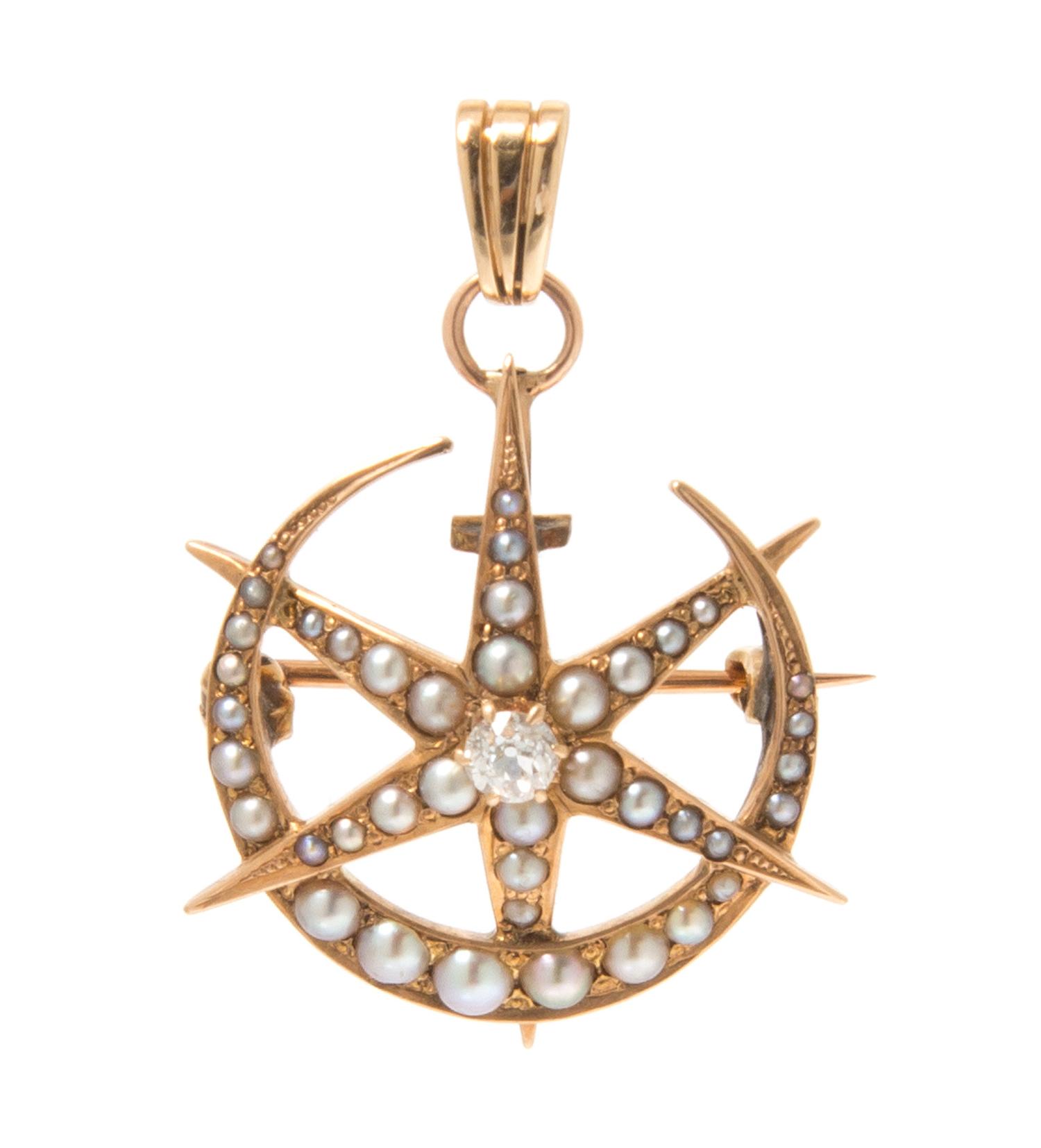 A Yellow Gold, Seed Pearl and Diamond Pendant/Brooch, 3.10 dwts.