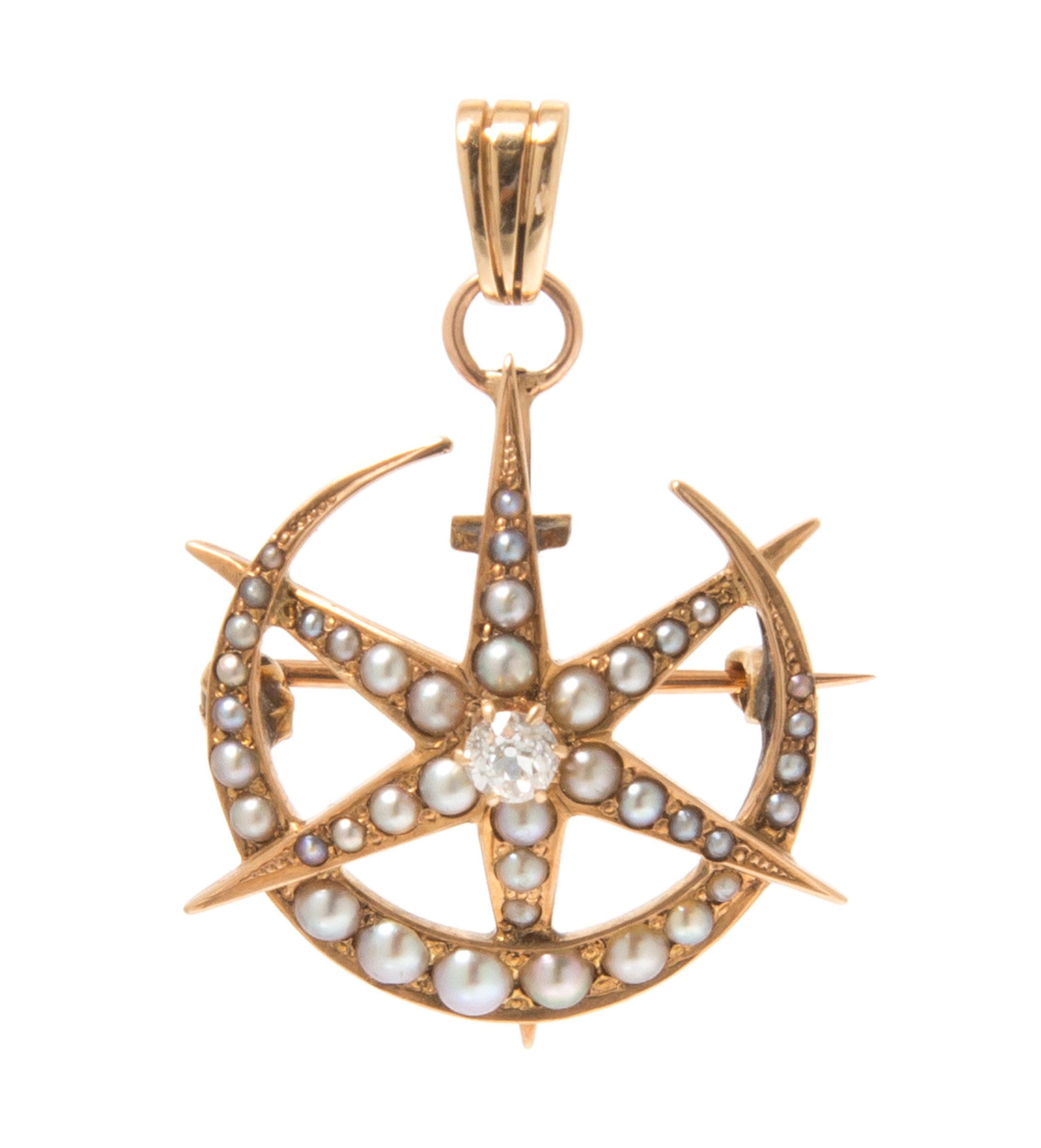 A Yellow Gold, Seed Pearl and Diamond Pendant/Brooch, 3.10 dwts.