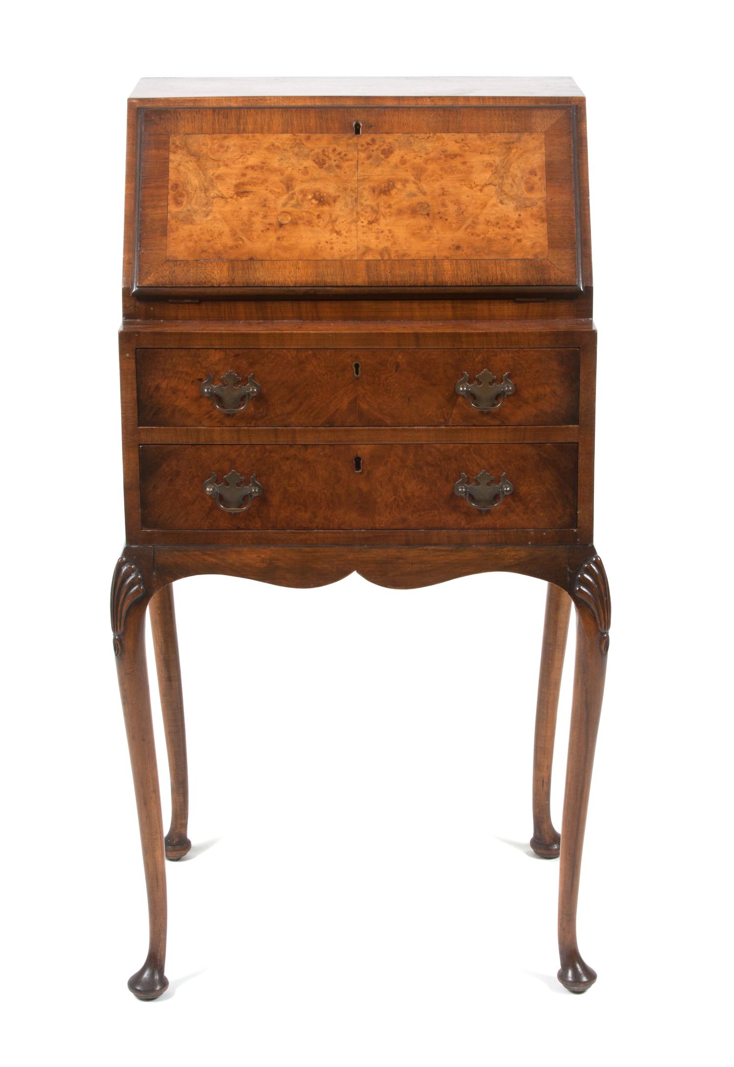 A Queen Anne Style Walnut Lady's Writing Desk Height 38 3/4 x width 21 1/2 x depth 16 1/2 inches. — 20TH CENTURY